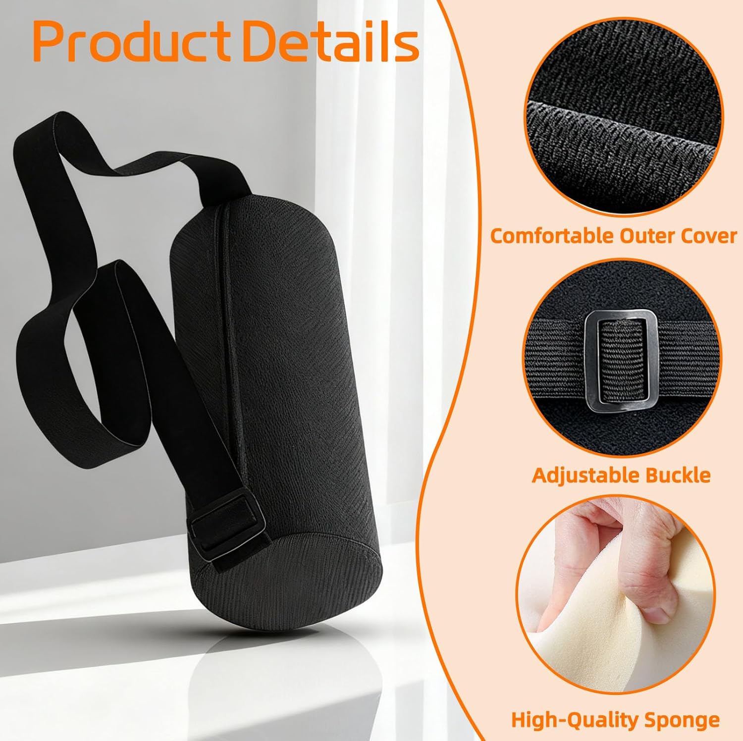 Lendenkissen mit abnehmbarem Gummiband und waschbarem Bezug, schwarzes Nackenrollkissen, Lendenkissen, Memory-Schaum-Rollkissen, ergonomische Nackenrolle, Rückenstützrollen für Autostuhl, Reisen – Bild 4