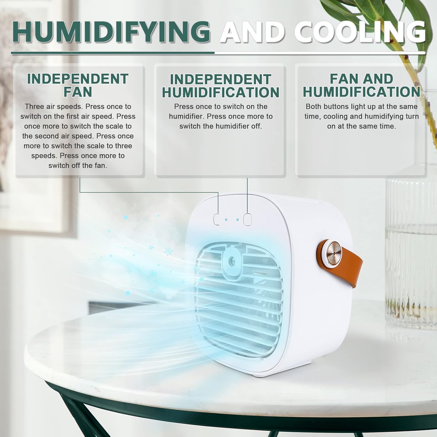 Tragbarer Luftkühler, Mini-Klimaanlage, kleiner 2-in-1-Verdunstungskühler mit Griff/Luftbefeuchter/3 Geschwindigkeiten, Desktop-Eiswürfel-Lüfter für Büro und Schlafzimmer – Bild 3