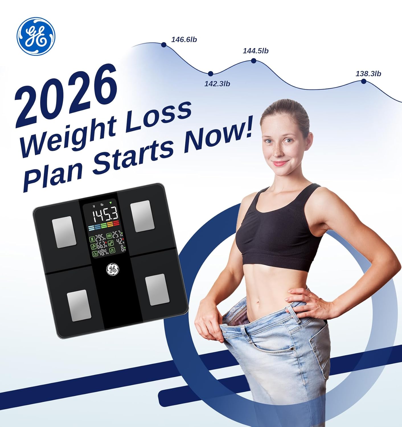 GE Digitale Körperfettwaage mit großem Display, intelligente Waage mit Körperfett und Muskelmasse mit App, 14 Körpermessungen, BMI, Bluetooth-Personenwaage bis 180 kg/400 lb – Bild 7