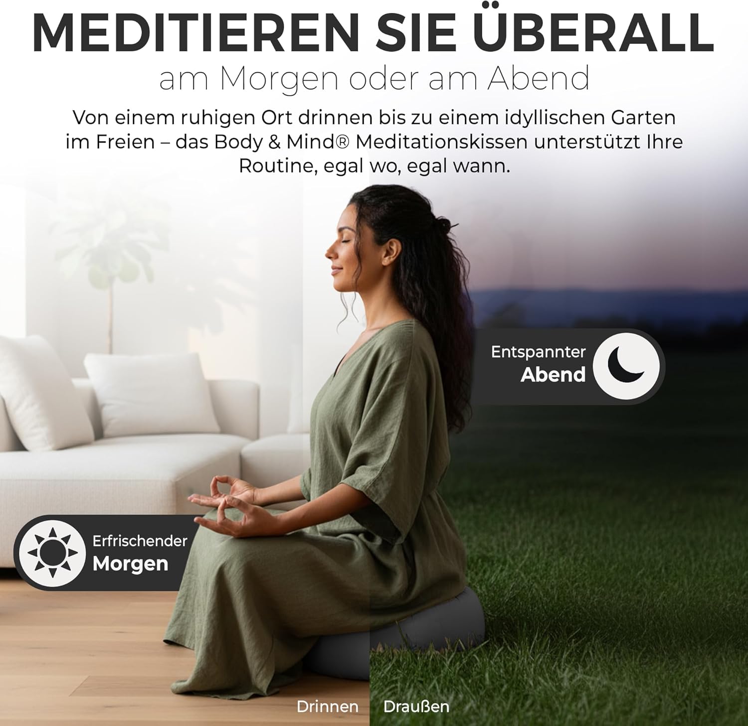 Body & Mind® Yogakissen Meditationskissen Bodensitzkissen Auflage für Meditation & Yoga; Waschbarer Bezug und atmungsaktive Premium-Füllung; 18 cm Sitzhöhe – Bild 6