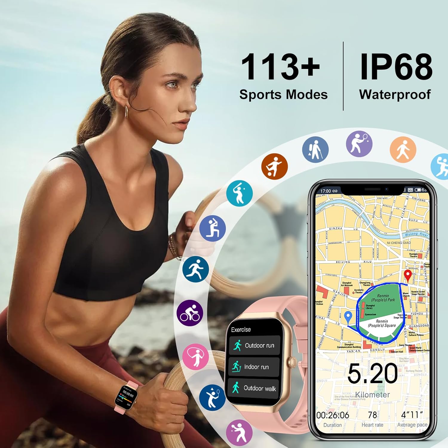 Smartwatch Damen Herren mit Telefonfunktion, 1,96 Zoll Fitnessuhr mit Herzfrequenz SpO2 Schlafmonitor Schrittzähleruhr IP68 Wasserdicht Smartwatch mit 113+ Sportmodi, Sportuhr für Android iOS – Bild 4