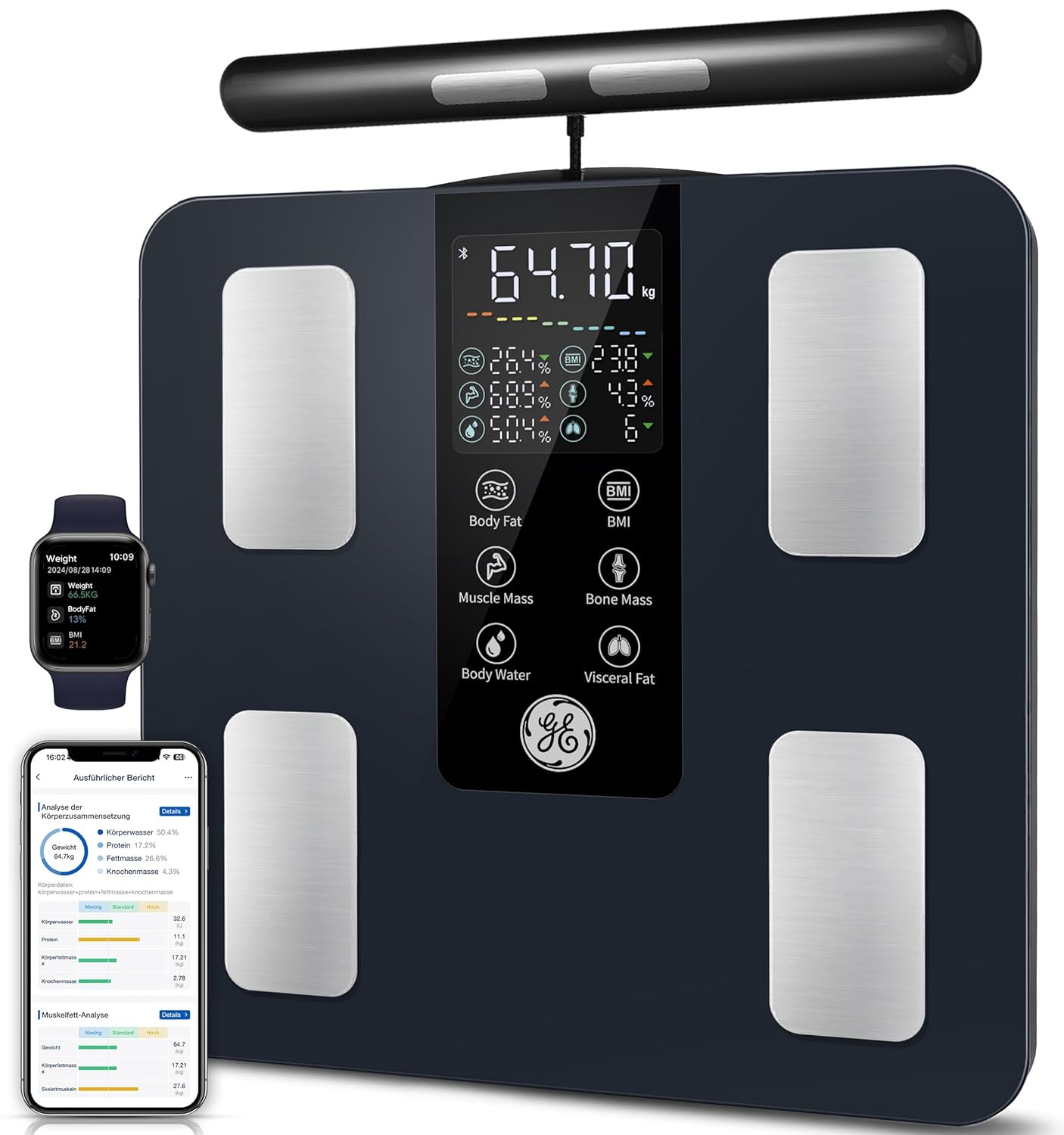 GE Körperfettwaage Smart Scales People: Digitale Waage mit Körperfett und Muskelmasse, 8 Elektroden, Körperfettwaage mit Handsensoren, BMI, Körpergewicht, Muskelmasse-Analysegerät, 180 kg / 400 lbs