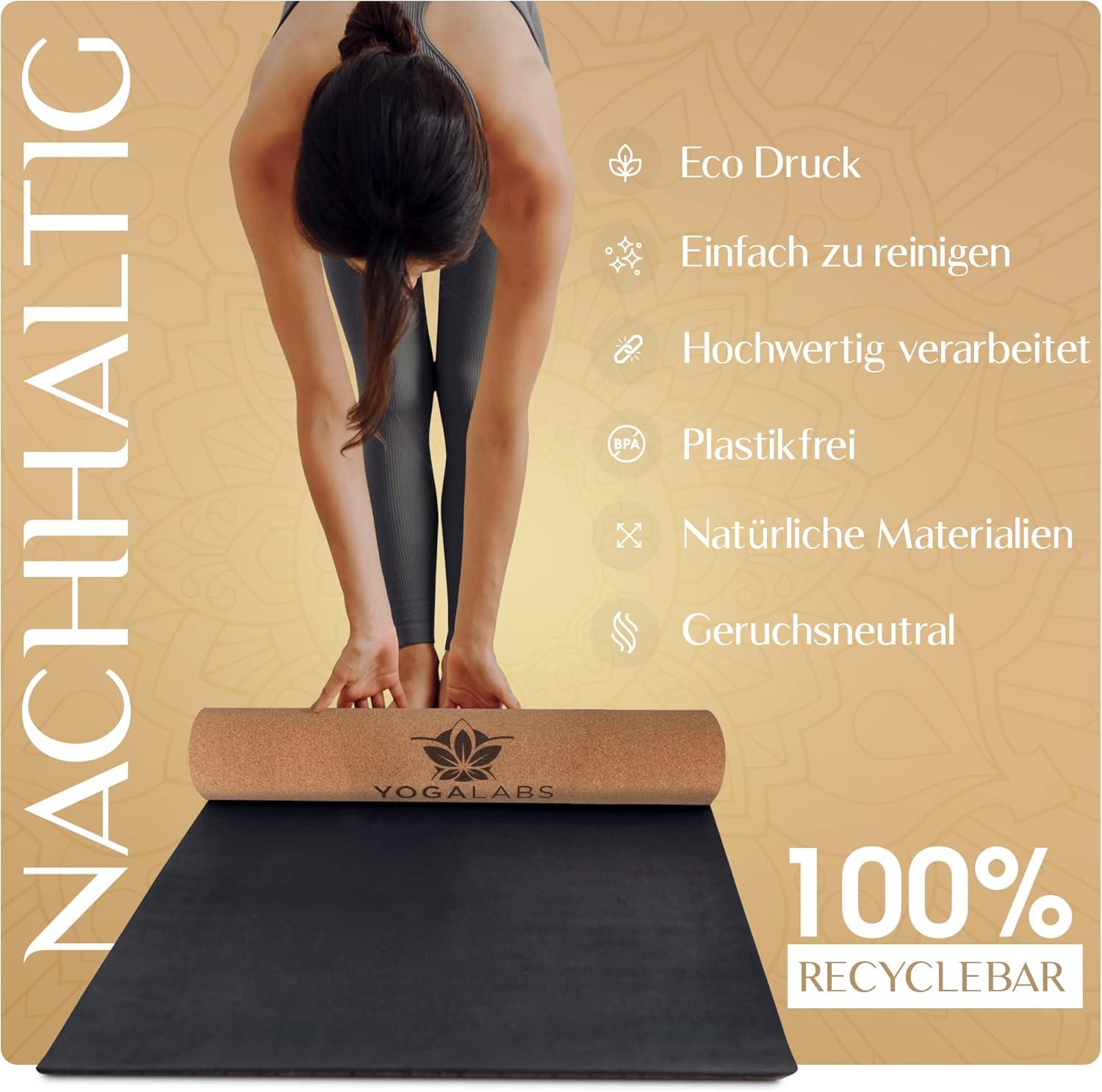 Premium 2-in-1 Yogamatte aus Kork & Naturkautschuk mit Tragegurt 183 x 61 x 0,4 cm (groß) – Gymnastik- & Pilatesmatte rutschfest, 100 % nachhaltig, schadstofffrei – Bild 4