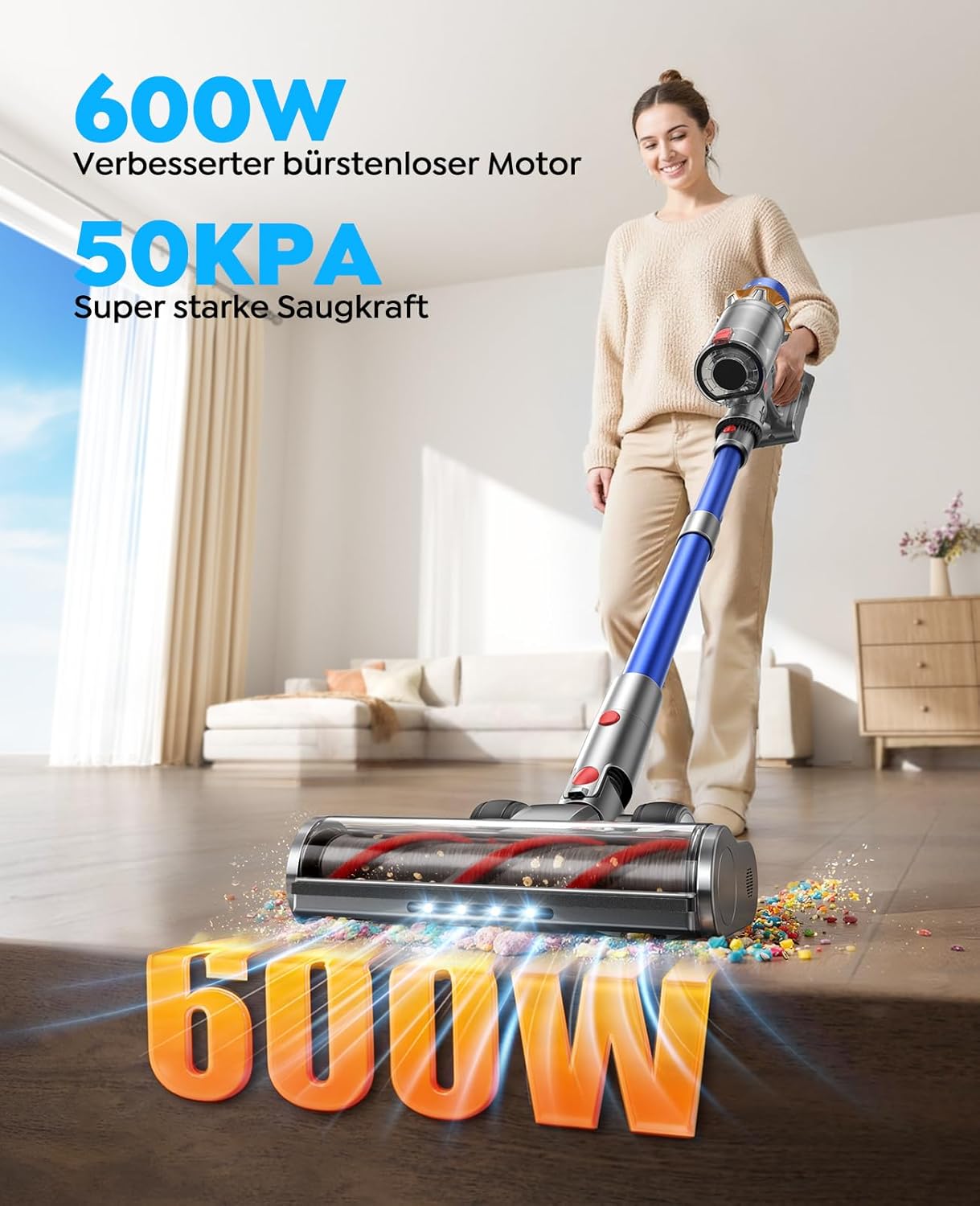Fieety Akku-Staubsauger mit 2 Akkus, 130 Min/50 Kpa/600 W Staubsauger kabellos mit Aromatherapie, Automatikmodus, Wandladestation, 1,5 m Schlauch für Hartböden, Teppiche, Tierhaare, Auto – Bild 2