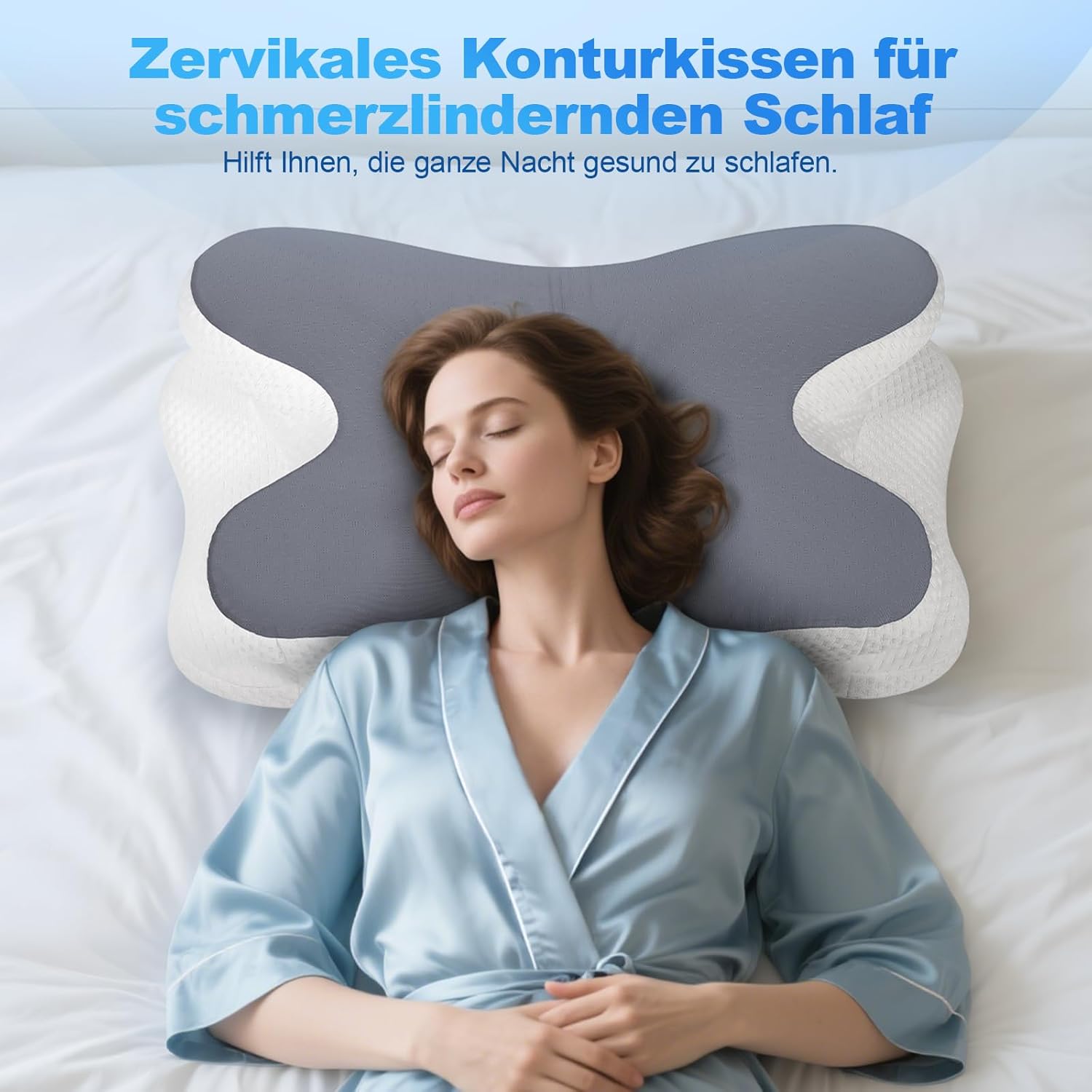Nackenkissen – Orthopädisches Memory-Schaum-Kissen – ergonomisches Kissen gegen Nackenschmerzen für Seitenschläfer, Rückenschläfer und Bauchschläfer mit Bezug aus Eisseide (dunkelgrau) – Bild 8