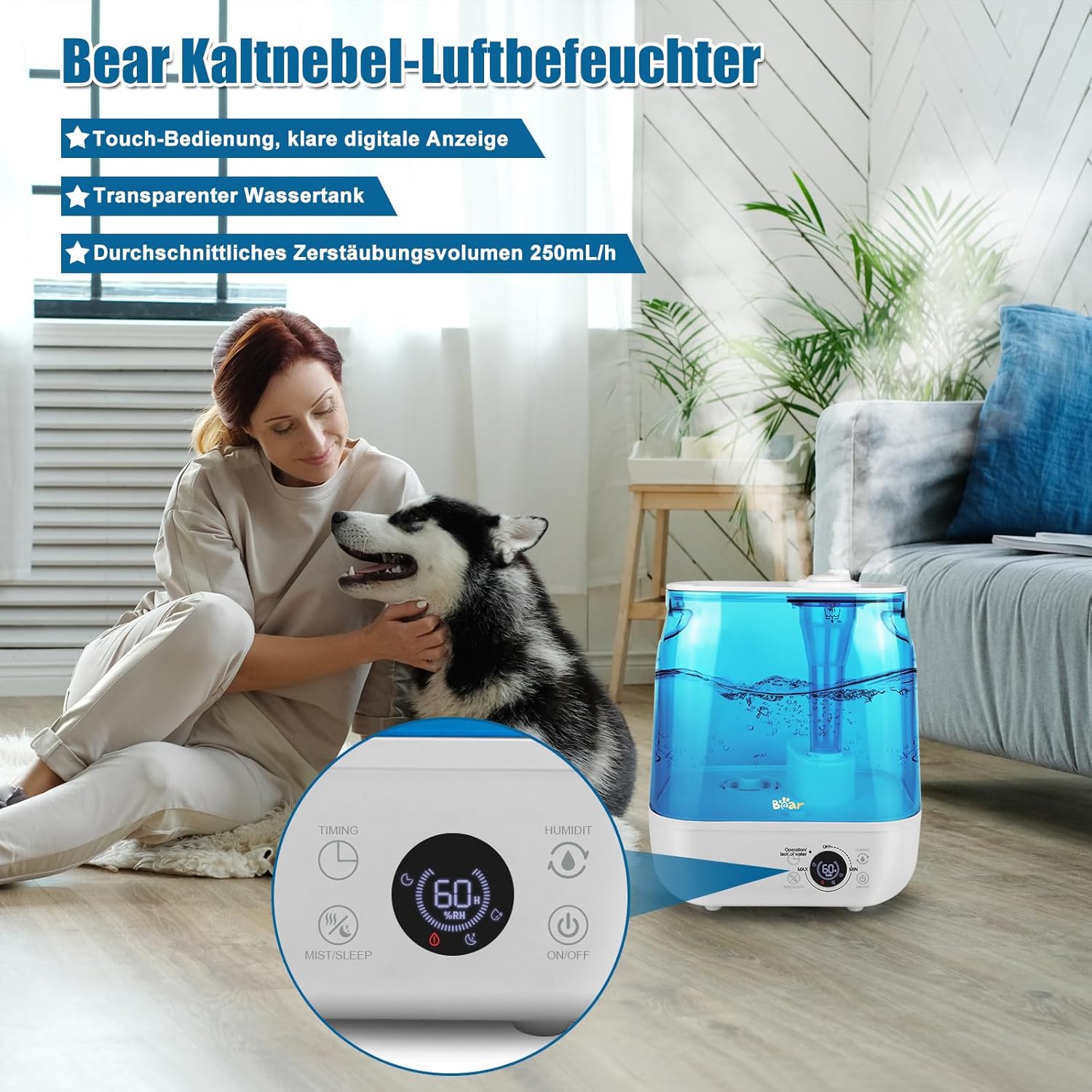 Bear Luftbefeuchter 6L Top Fill Luftbefeuchter, Timer, Schlafmodus, konstante Luftfeuchtigkeit, Aromascheibe, 360° drehbare Doppeldüse, 28 dB Ultra Silent, geeignet für Babys und Pflanzen – Bild 2