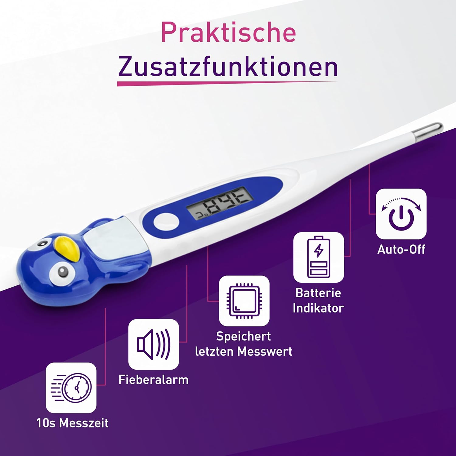 scala SC 44 flex Digitales Fieberthermometer für Babys und Kinder – 10 Sekunden Messzeit, flexible Spitze, Fieberalarm, wasserdicht – oral, rektal und axillär – Pinguin-Motiv – Bild 7