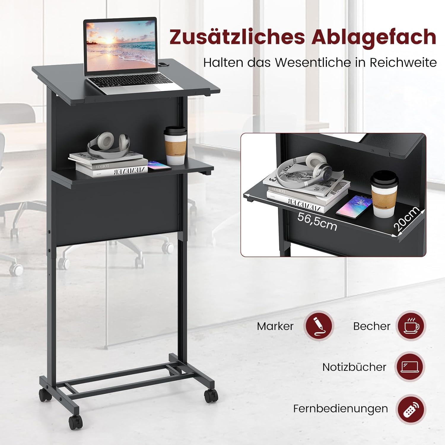 COSTWAY Stehschreibtisch, höhenverstellbar, Stehsitzschreibtisch mit Rollen, mobiler Stehschreibtisch mit geneigter Tischplatte & Ablage, Laptoptisch für Zuhause & Büro, Schwarz – Bild 7