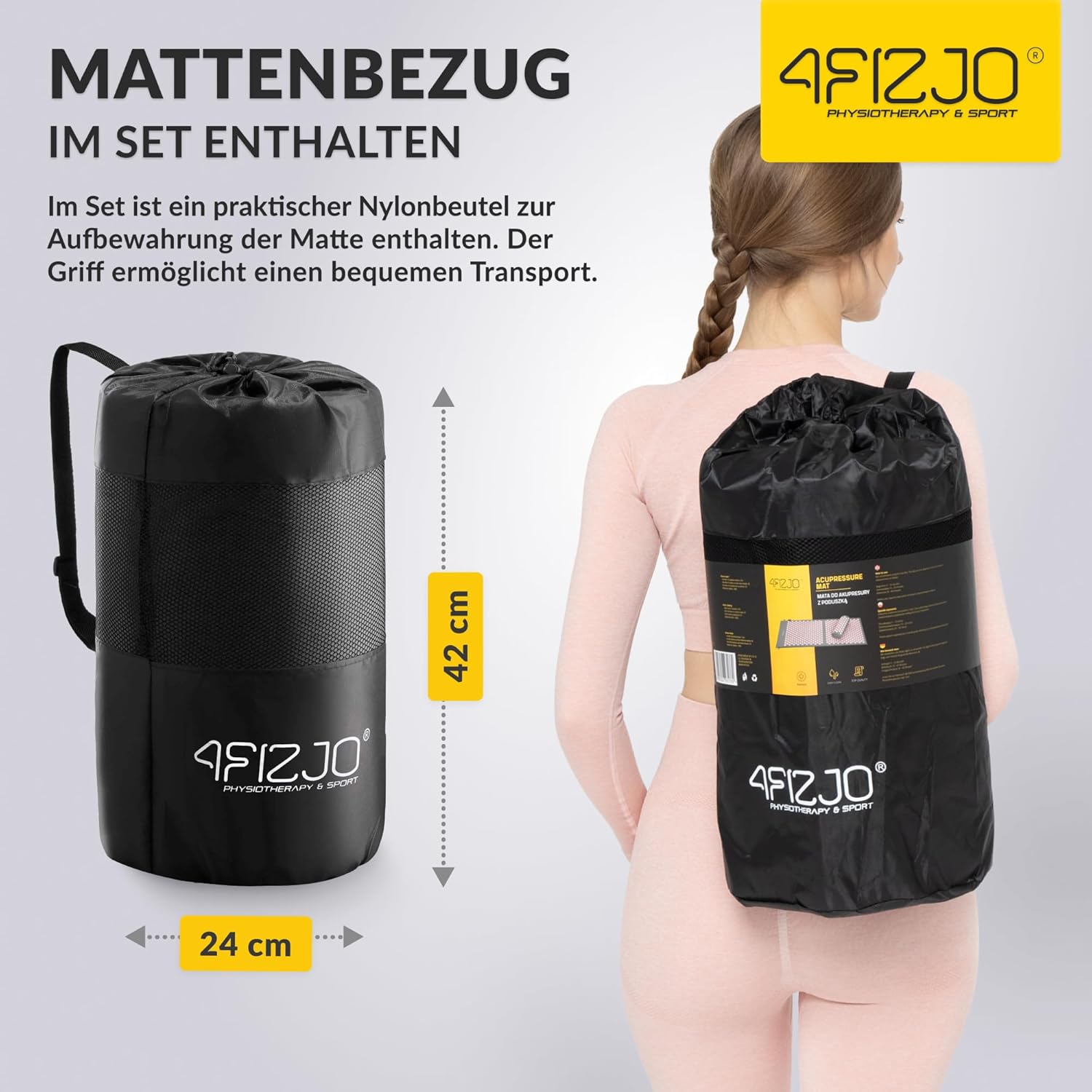 4FIZJO Akupressurmatte & Kissen XL, 110 x 42 x 2 cm, mit Tragetasche, Polyurethanschaum, hypoallergen, 15330 Spikes, Massagematte für bessere Durchblutung, Muskelentspannung, Farbe: Grau und Rosa – Bild 7