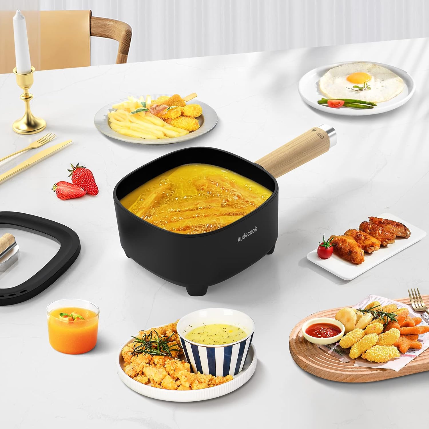 Audecook Elektrischer Hot Pot mit Dampfgarer, 2 l/20 cm, antihaftbeschichtete elektrische Pfanne mit Keramikglasur, tragbarer Multikocher für Ramen, Steak, Ei, Haferflocken, Suppe, 350 W/800 W (schwarz) – Bild 6
