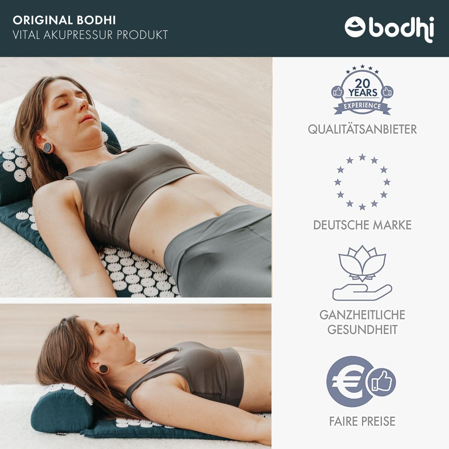 Bodhi VITAL Akupressurmatte XL Deluxe Set, stachelige Massagematte im Set mit Nadelkissen, Fußmatte & Tasche, Selbstmassage für Zuhause, künstliche Matte gegen Nacken- & Rückenschmerzen, Petrol – Bild 6
