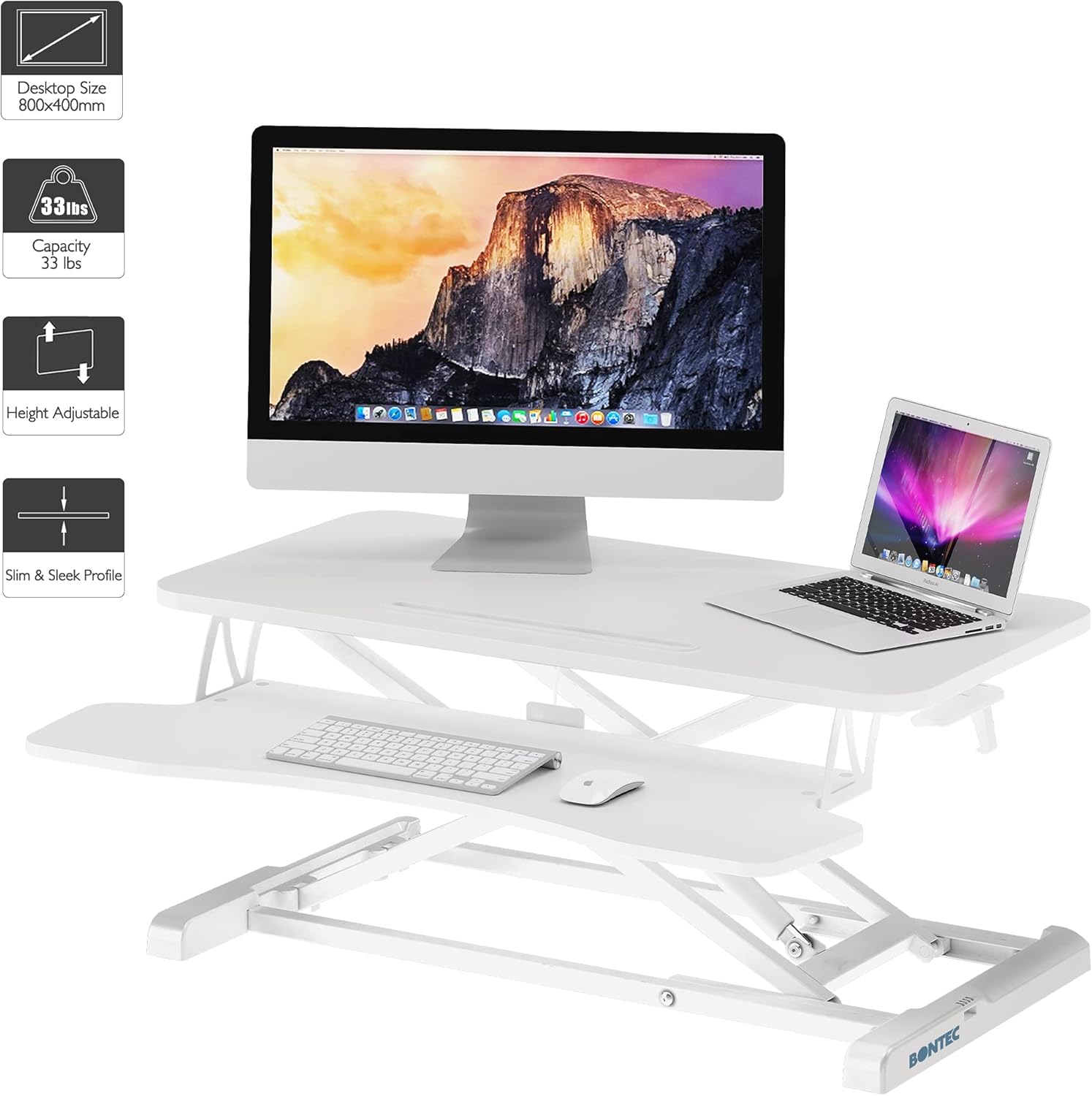 BONTEC Stehsitz, Schreibtisch, Stehpult, Stehpult, ergonomisch höhenverstellbar für PC-Computerbildschirm, Laptop, 80 x 40 cm große Plattform mit Tastaturablage, 15 kg Tragkraft, weiß – Bild 2