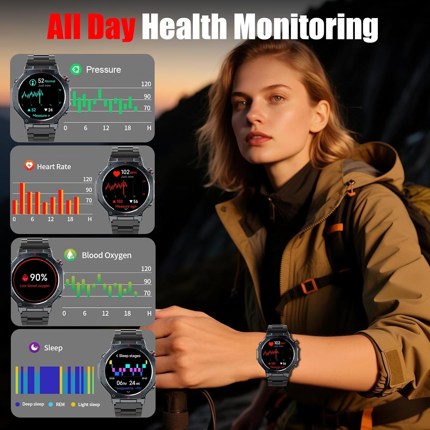 Militär-Smartwatch Herren mit GPS, 1,43 Zoll AMOLED-Display, Fitnessuhr mit Bluetooth-Anruf, 5ATM wasserdichte Sportuhr mit Herzfrequenz-/Schlafmonitor/Schrittzähler, 160+ Sportmodi, Uhr für – Bild 5
