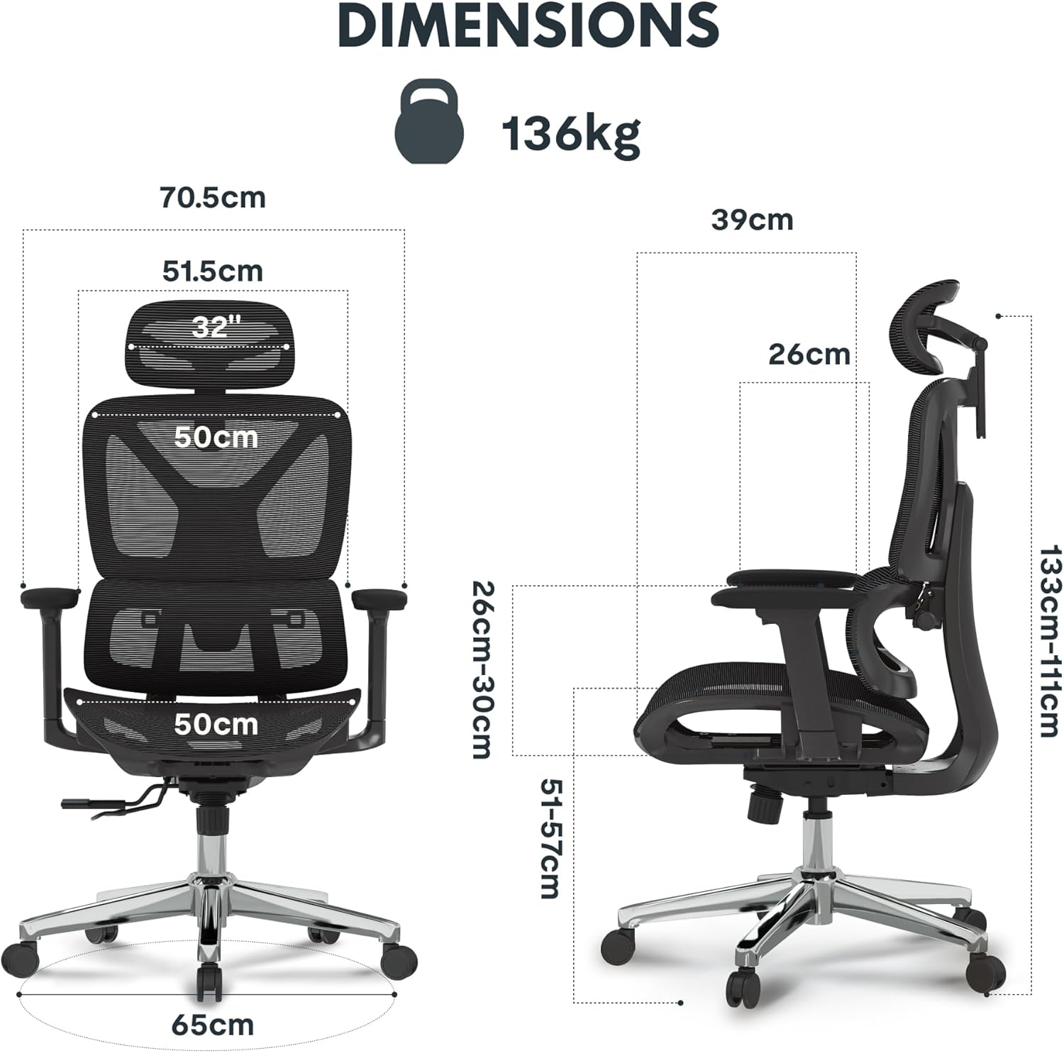 FLEXISPOT ErgoX Ergonomischer Bürostuhl, Schreibtischstuhl, Arbeitsstuhl, 3D-Armlehnen, 3D-Kopfstütze, 5D-verstellbare Rückenlehne, atmungsaktiver Sitz, 136 kg maximale Belastbarkeit, Schwarz – Bild 2