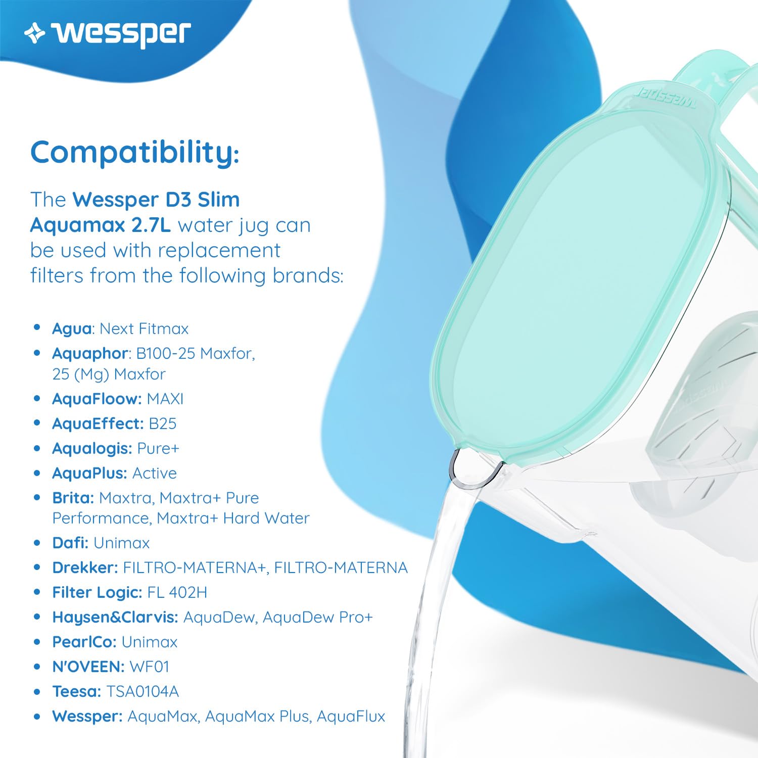 Wessper Wasserfilterkanne 2,7 l – kompatibel mit Brita Maxtra Filterkartusche – inklusive 1 Filterkartusche – reduziert Kalkablagerungen – ideal für Kühlschranktür – Mint – Bild 3