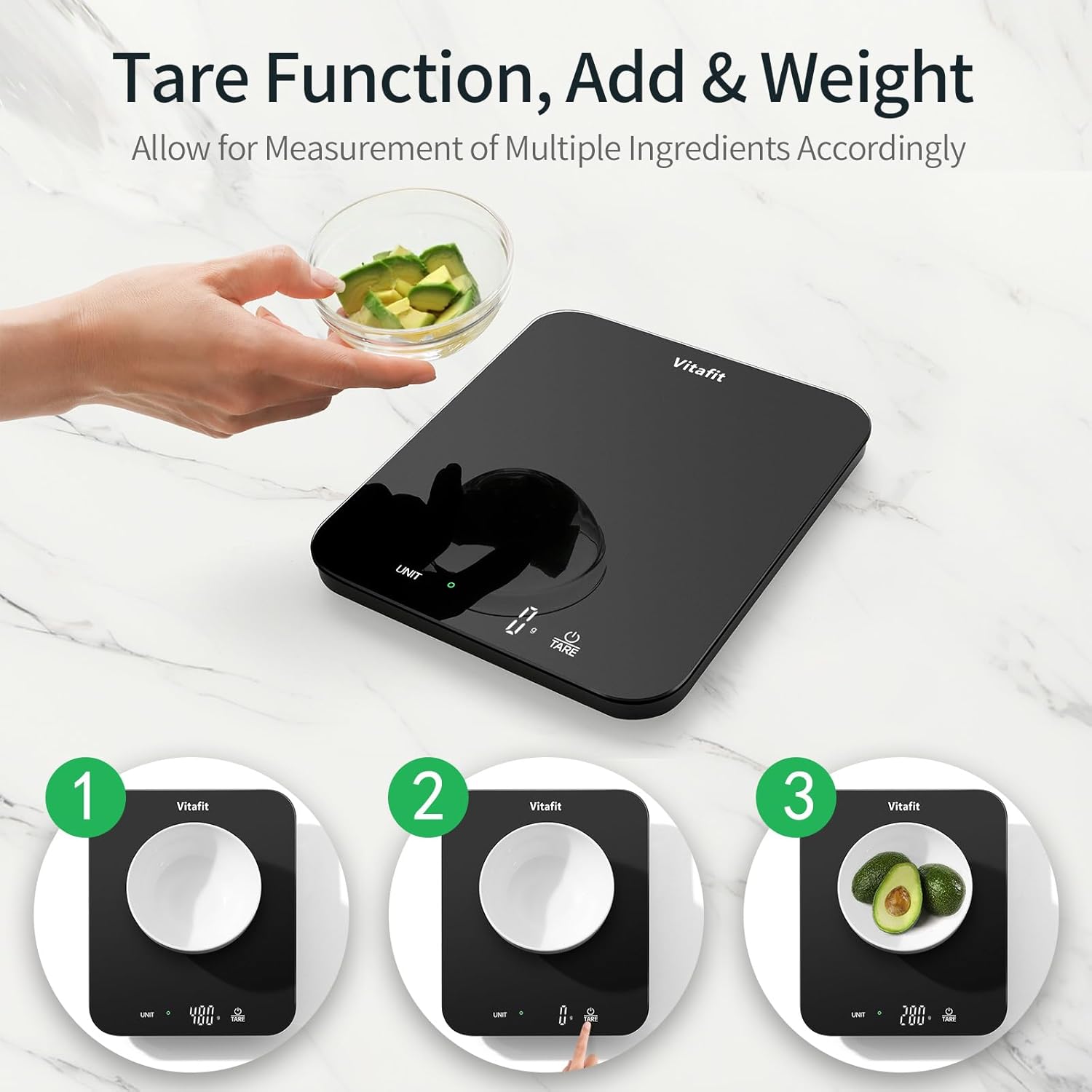 Vitafit 15 kg digitale Küchenwaage mit hoher Präzision 1 g, Waage professionelle Fabrik seit 2001, digitale Waage zum Kochen und Backen, Buchstabenwaage mit LED, 3 AAA-Batterien, Spray Silber Schwarz – Bild 5