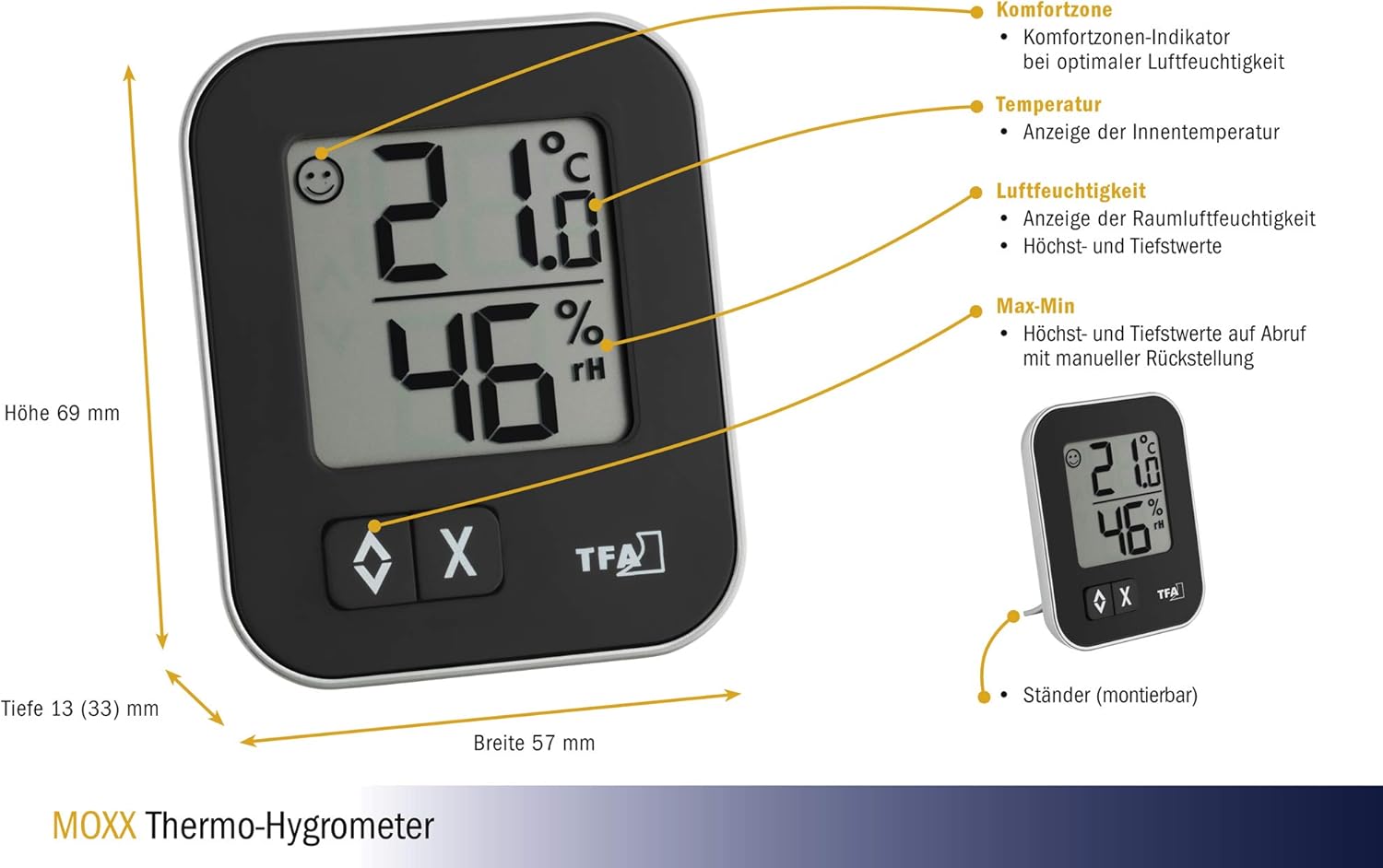TFA Dostmann Moxx digitales Thermo-Hygrometer, 30.5026.01, zur Raumklimakontrolle, Überwachung der Luftfeuchtigkeit, klein und handlich, 1er-Pack, schwarz – Bild 4