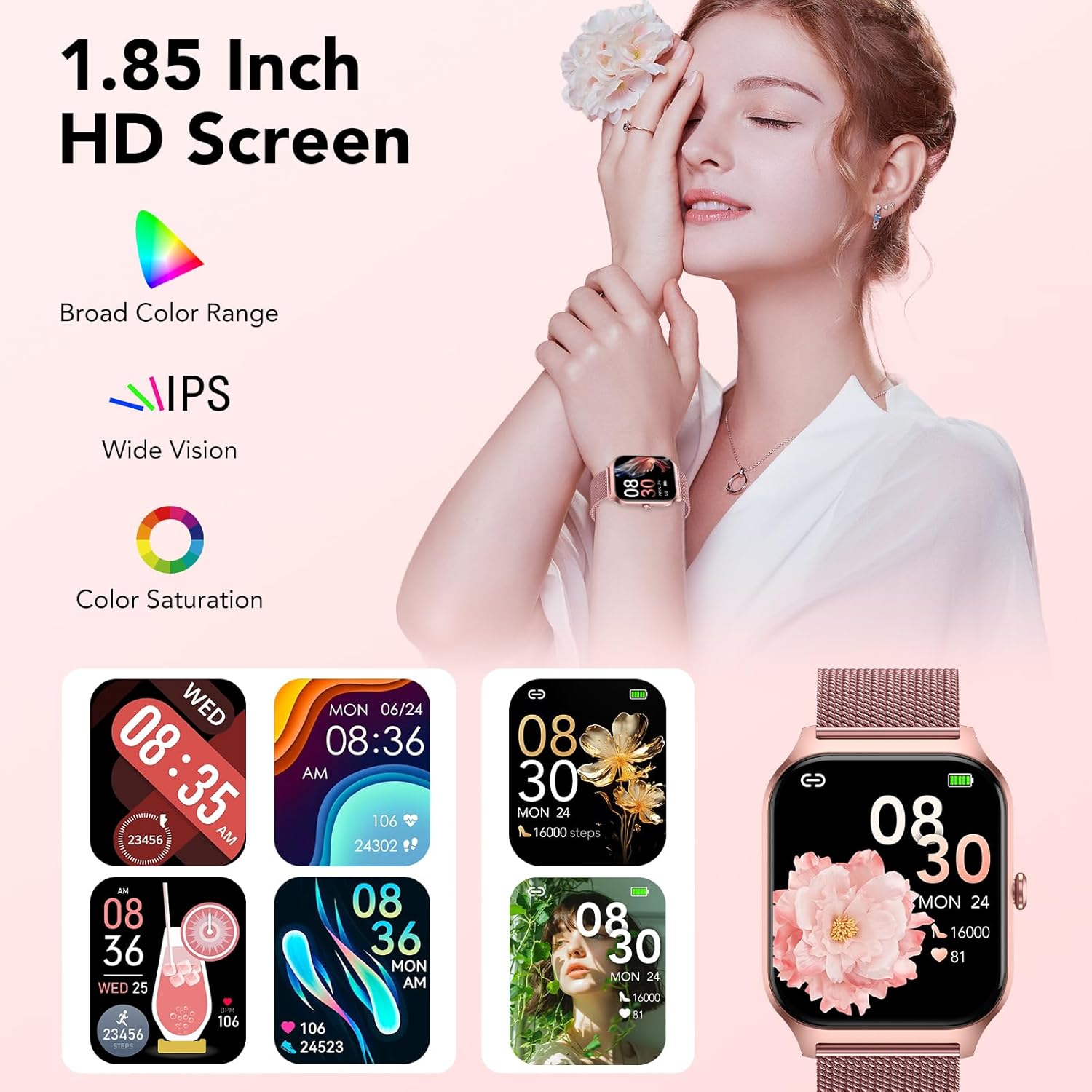Damen-Smartwatch mit Telefonfunktion, 1,85 Zoll HD-Fitnessuhr, Smartwatch 200+ Sportmodi, Fitness-Tracker mit Herzfrequenz/Spo2/Schrittzähler/Schlafmonitor, IP68 wasserdichte Sportuhr für iOS – Bild 3