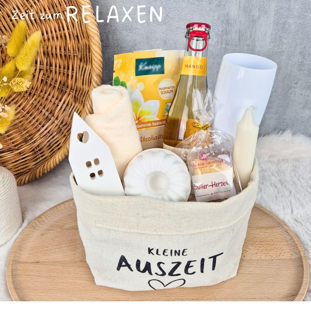 Wellness-Geschenk | Geschenkset Damen mit Entspannungsbadeschaum | Kleine Auszeit in Canvas-Baumwollkorb Geschenk Freundin | Entspannungsgeschenk | Geschenke Freundin | Geburtstagsgeschenk Frauen – Bild 4