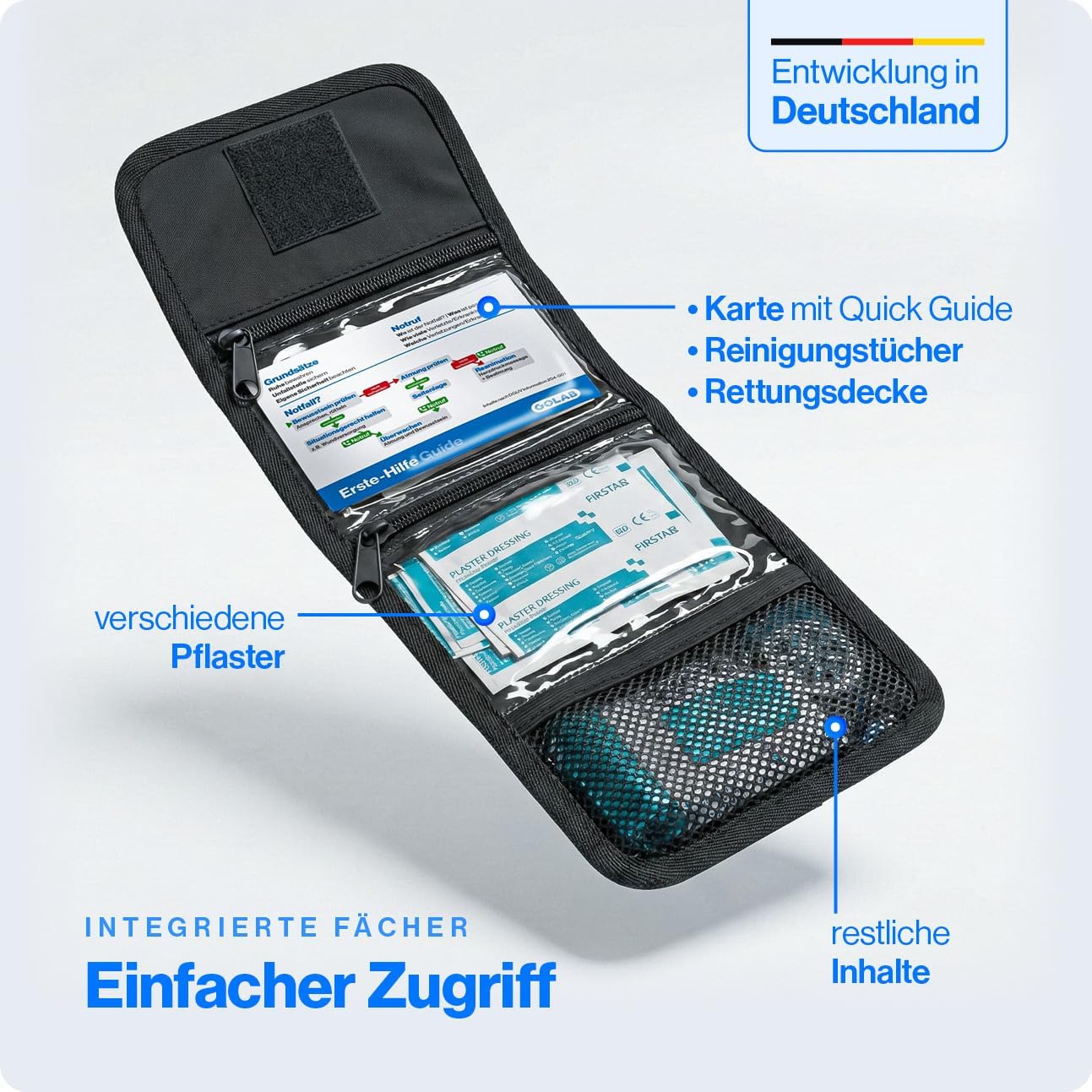 GoLab Mini Erste-Hilfe-Set mit 46 Teilen – Kompaktes Notfallset für Zuhause, Outdoor, Reisen, Camping & Sport – Erste-Hilfe-Ratgeber nach DGUV, geordnet in 3 Fächern 195 g, DIN-konforme Reiseapotheke – Bild 5