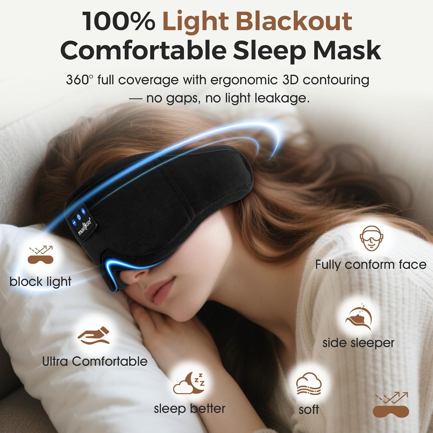 MUSICOZY Bluetooth-Schlafmaske mit Kopfhörer, bequeme 3D-Schlafmaske für Seitenschläfer, 100 % Verdunkelung und kein Druck auf die Augen, weich und atmungsaktiv, ideal zum Schlafen, Reisen, Flugzeug und Schlaflosigkeit, 14 – Bild 2