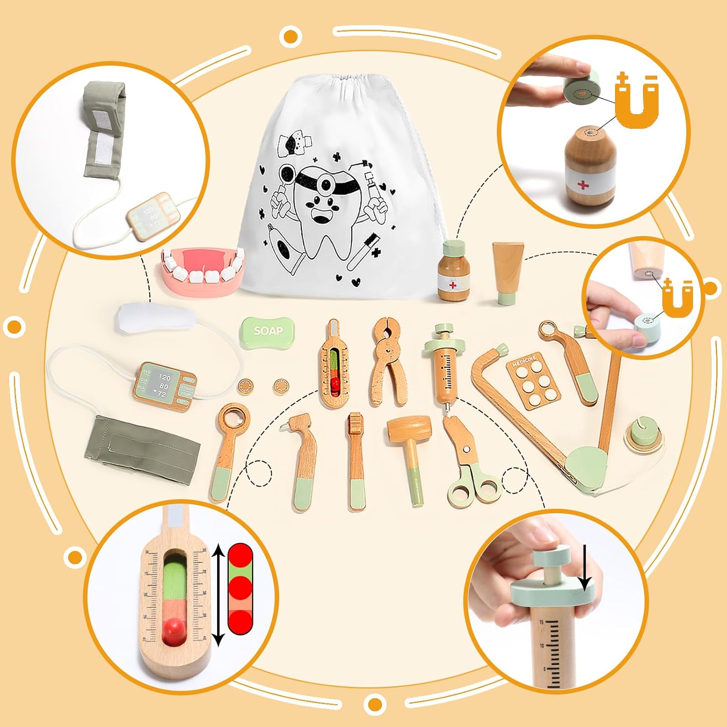 Arztkoffer, Kinderspielset aus Holz – mit Stethoskop, Blutdruckmessgerät und mehr, Arztkoffer Spielzeug für Rollenspiele, 19-teiliges Medizinset für Kinder ab 3, 4, 5 Jahren – Bild 2