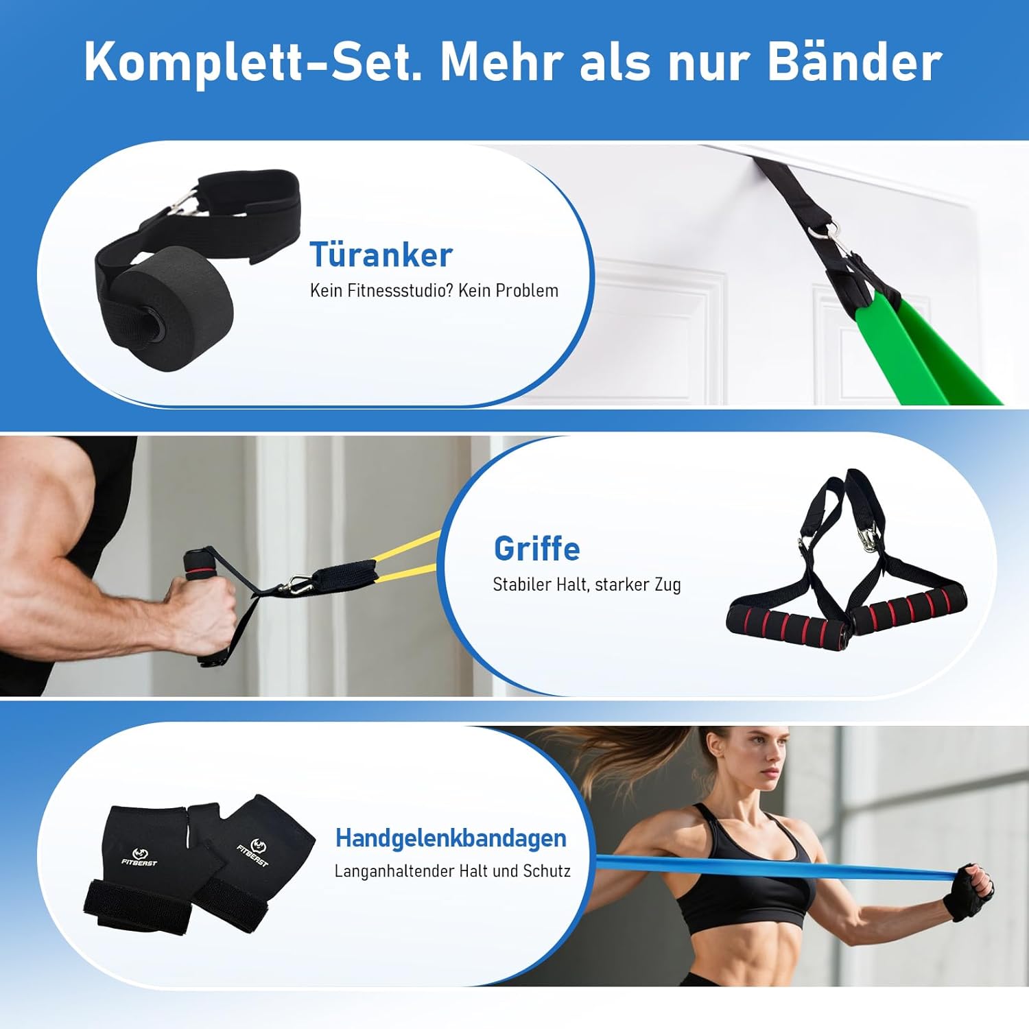 FitBeast Widerstandsbänder-Set, Widerstandsband-Set mit Handschuhen, Türanker, Griffen und Tragetasche für Krafttraining, Calisthenics, Yoga, Mobilität und Heimtraining – Bild 5