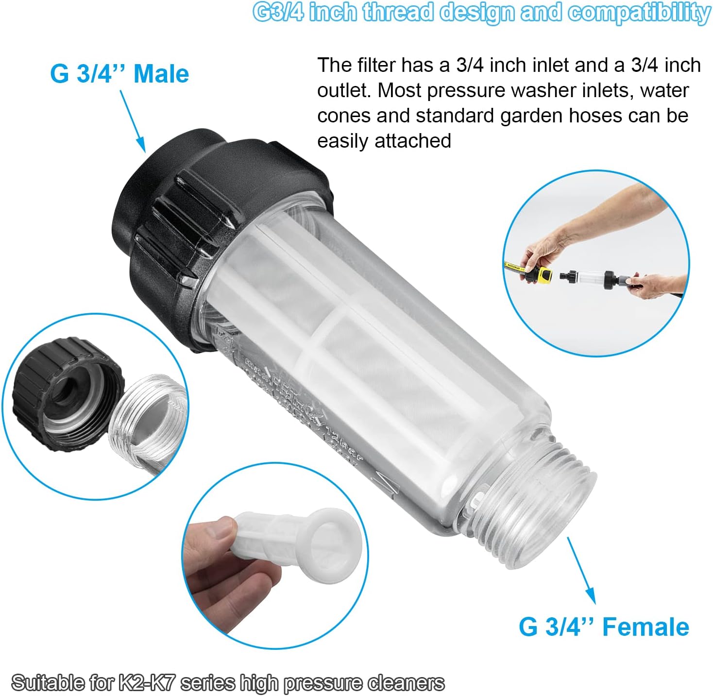 Wasserfilter-Set, 3/4 Zoll Wasservorfilter mit 6 Stück Filtereinsatz & 2 Schnelladaptern, für Hochdruckreiniger, Gartenbewässerung, Gartenpumpe, Wohnmobil, Haushalt (Schwarz) – Bild 3