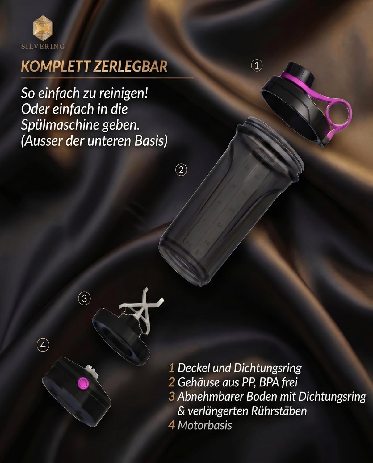 Silvering Elektro-Shaker, spülmaschinenfest, Protein-Shaker mit abnehmbarer Motoreinheit, USB-C wiederaufladbar, Trainingsflasche, BPA-frei, 600 ml, Protein-Shaker elektrisch (lila) – Bild 3