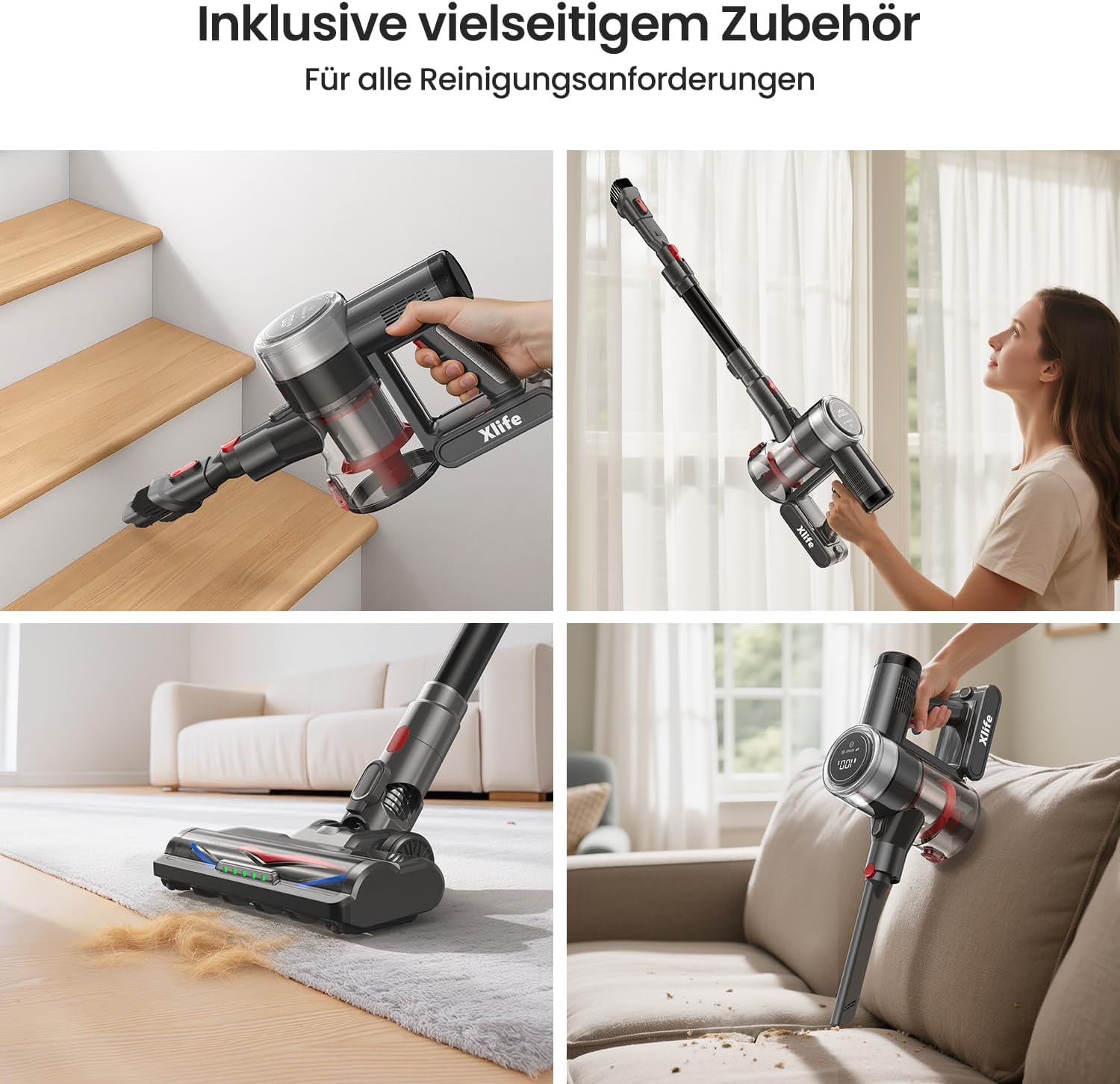 Xlife Akku-Staubsauger 550 W, 45000 Pa Saugleistung, 40 Minuten Laufzeit, Anti-Haar-Wickelbürste, grüner Staubsensor, HEPA-Filter, für Tierhaare, Teppich, Hartböden – P2 (Hellgrau) – Bild 8