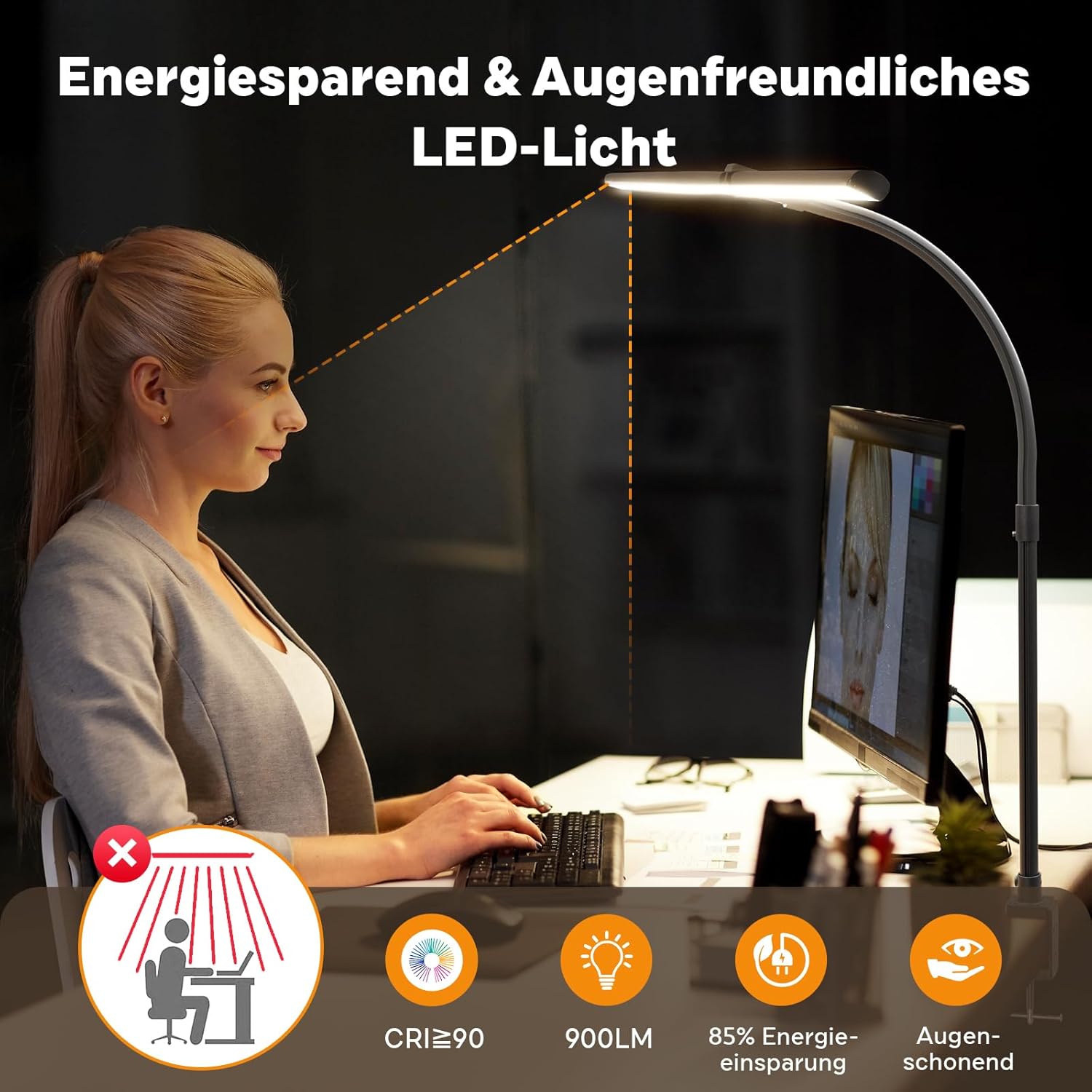 Doppelkopf Schreibtischlampe LED Dimmbar 24W 80cm Klemmbar Tageslichtlampe Schreibtischlampe Schwanenhals Büro Tischlampe Augenschutz Arbeitsplatzleuchte Monitorlampe, Schwarz – Bild 5