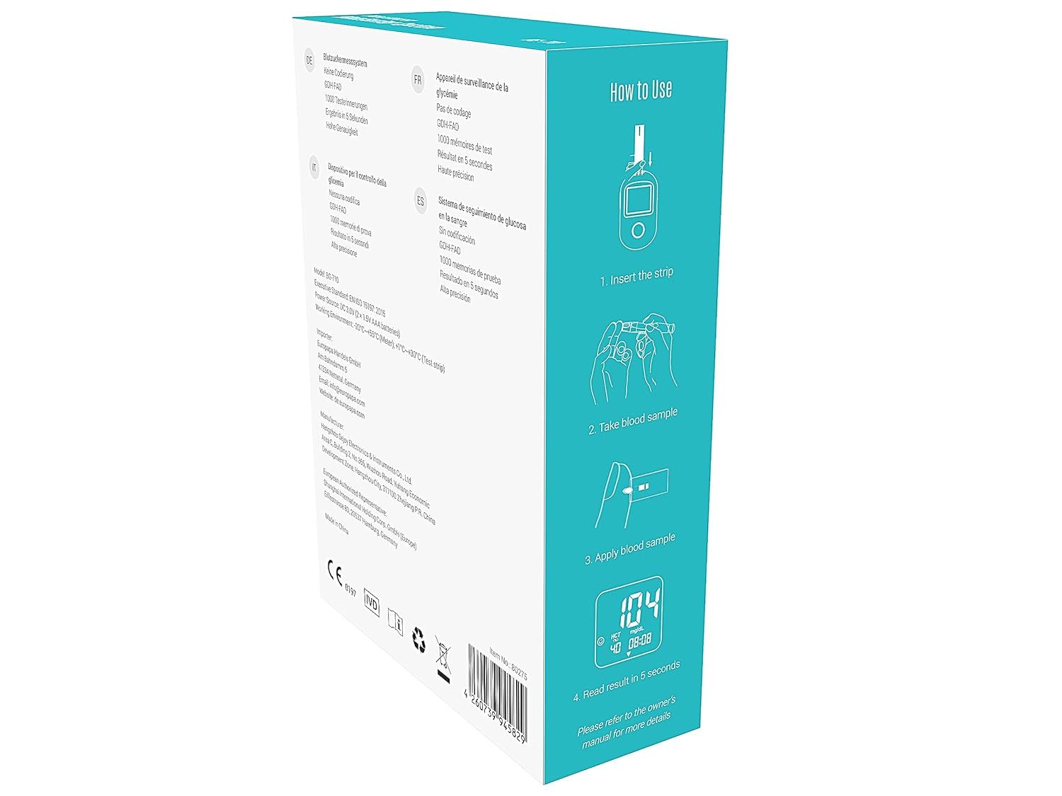 EUROPAPA Blutzuckermessgerät mit 10 Blutzucker-Teststreifen und 10 Blutlanzetten und Stechhilfe, Blutzucker-Messsystem Diabetes-Set mg/dL zur Blutzucker-Selbstkontrolle (Schwarz) – Bild 6