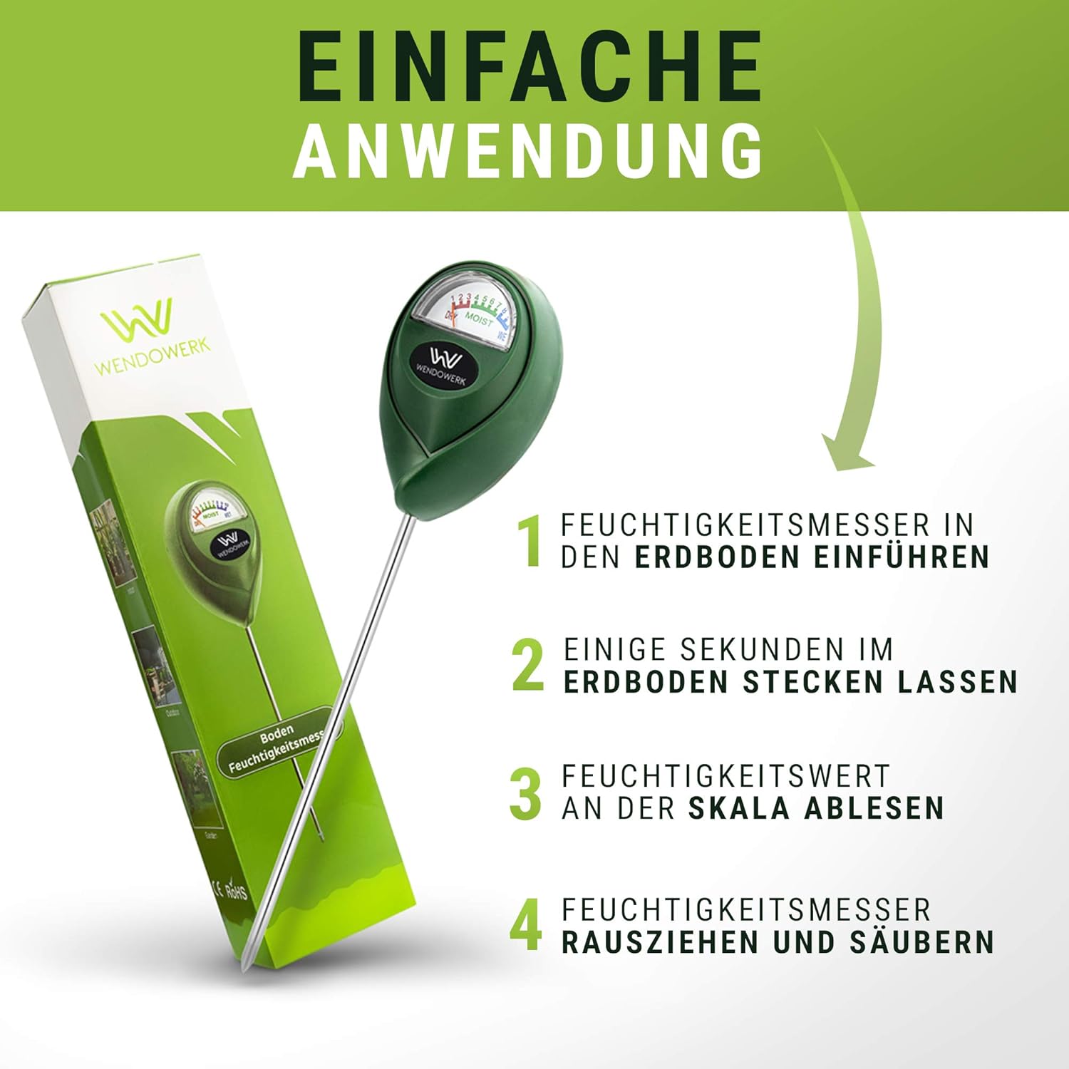 Wendowerk® Bodenfeuchtemessgerät für Pflanzen – (Grün/Schwarz) – ohne Batterien – verbessertes Feuchtigkeitsmessgerät für Pflanzen (2024) – Premium-Bodentester – Bild 5