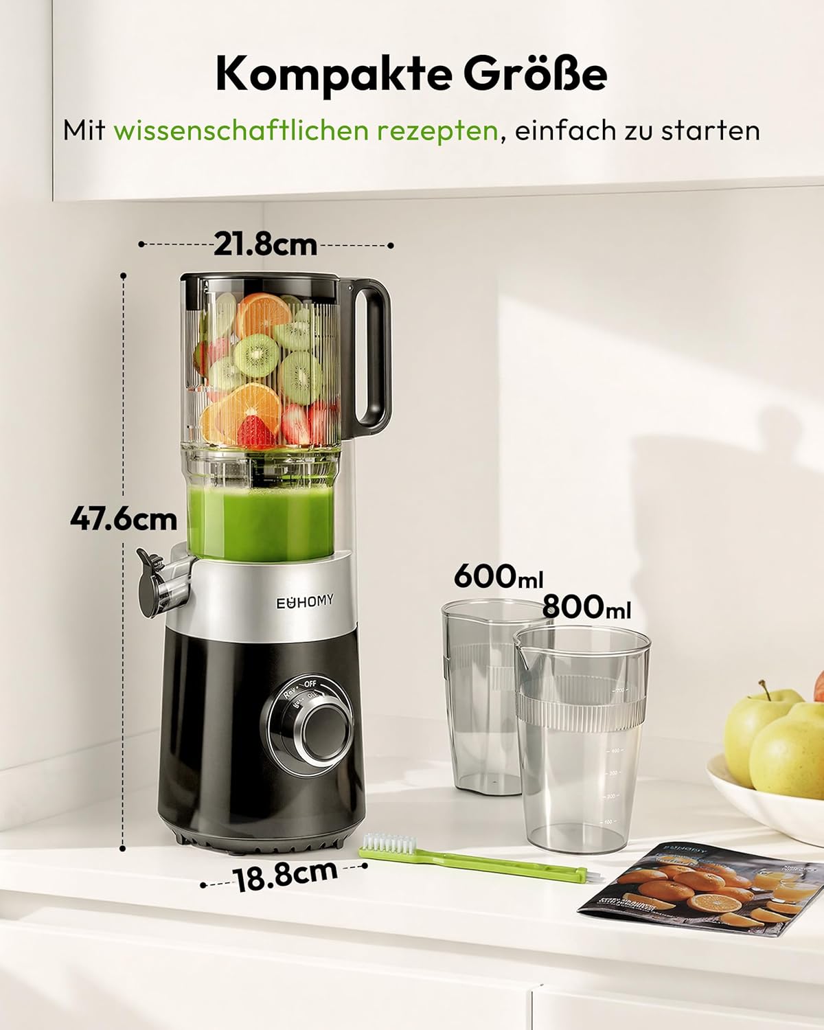 EUHOMY Entsafter, Slow Juicer, Entsafter Gemüse und Obst, Testsieger mit 135 mm Einfüllöffnung, 1,8 l Fassungsvermögen, 2 Tassen, elektrischer Entsafter, Schwarz Silber – Bild 6