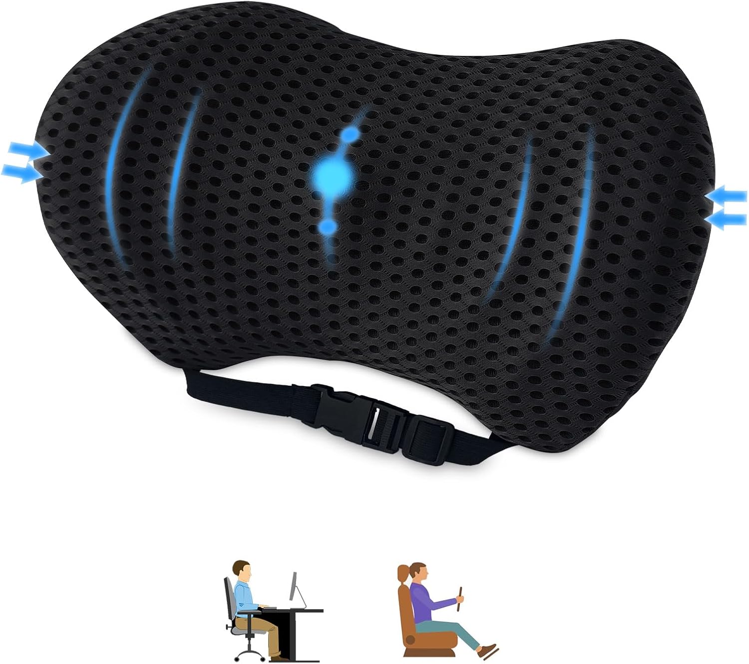 Lendenkissen-Rückenlehne, Lendenstützkissen für Bürostuhl und Autositz, Memory-Schaum-Rückenstützkissen, verstellbarer Gurt, Lendenkissen ergonomisch für Autositze, Bürostuhl