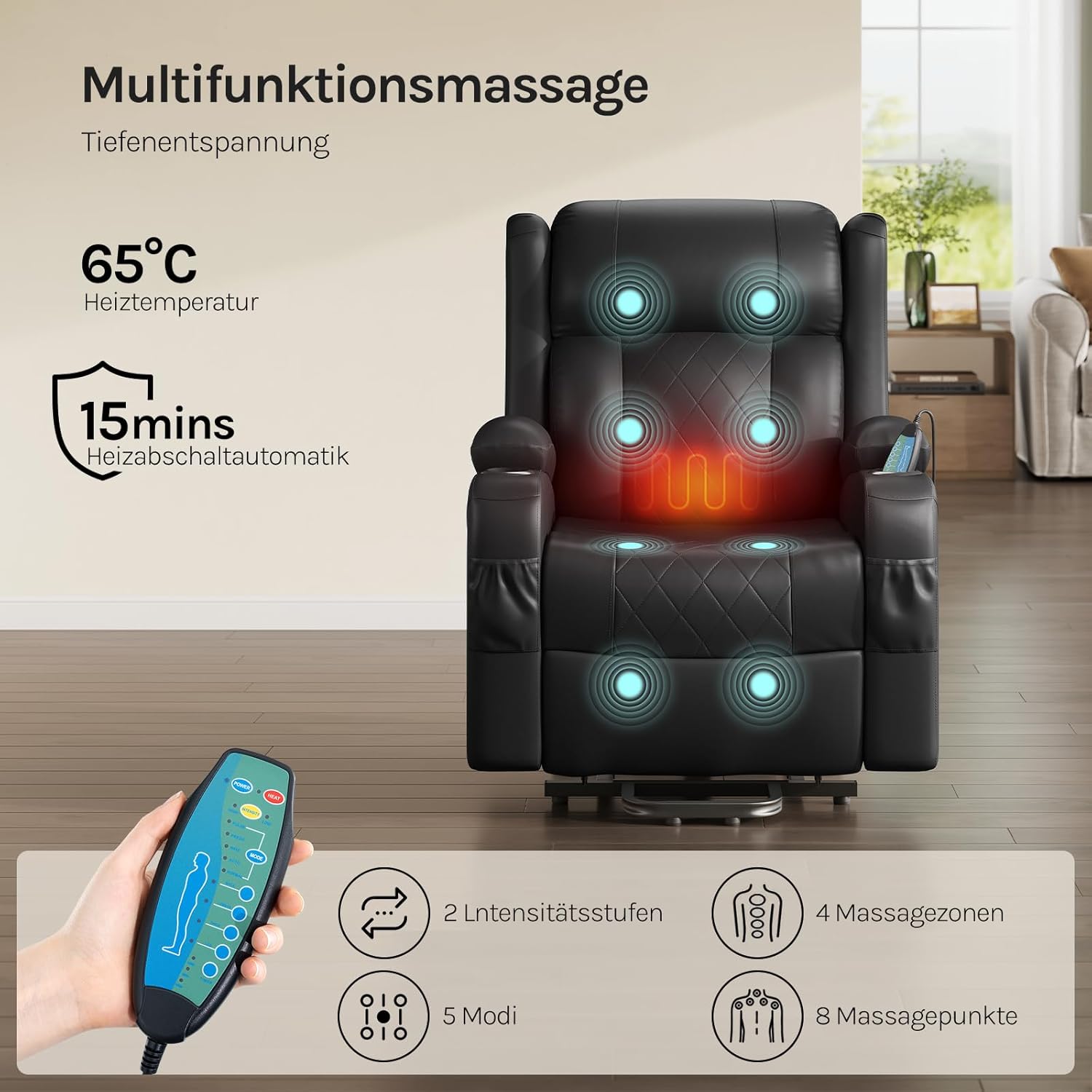 WOLTU Elektrisch verstellbarer Massagesessel mit Liegefunktion, Aufstehhilfe, Massage, Heizung, Fußstütze, Seitentaschen, Getränkehalter, USB-Anschluss, Kunstleder, Schwarz – Bild 6