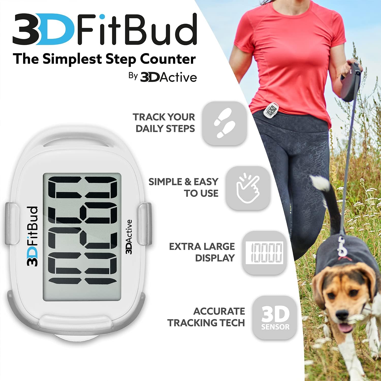 3DFitBud Easy Pedometer Walking 3D-Schrittzähler mit Clip und Trageband A420S – Bild 2