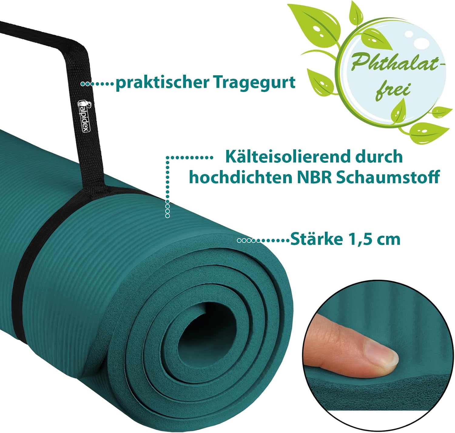 ALPIDEX Yogamatte extra dick 1,5 cm, Gymnastikmatte, 3 Größen, E-Book, rutschfest, phthalatfrei, Fitnessmatte, Gymnastik, Pilates, Sport, Physio, HIIT, Yoga, Trainingsmatte, Schlafmatte – Bild 5