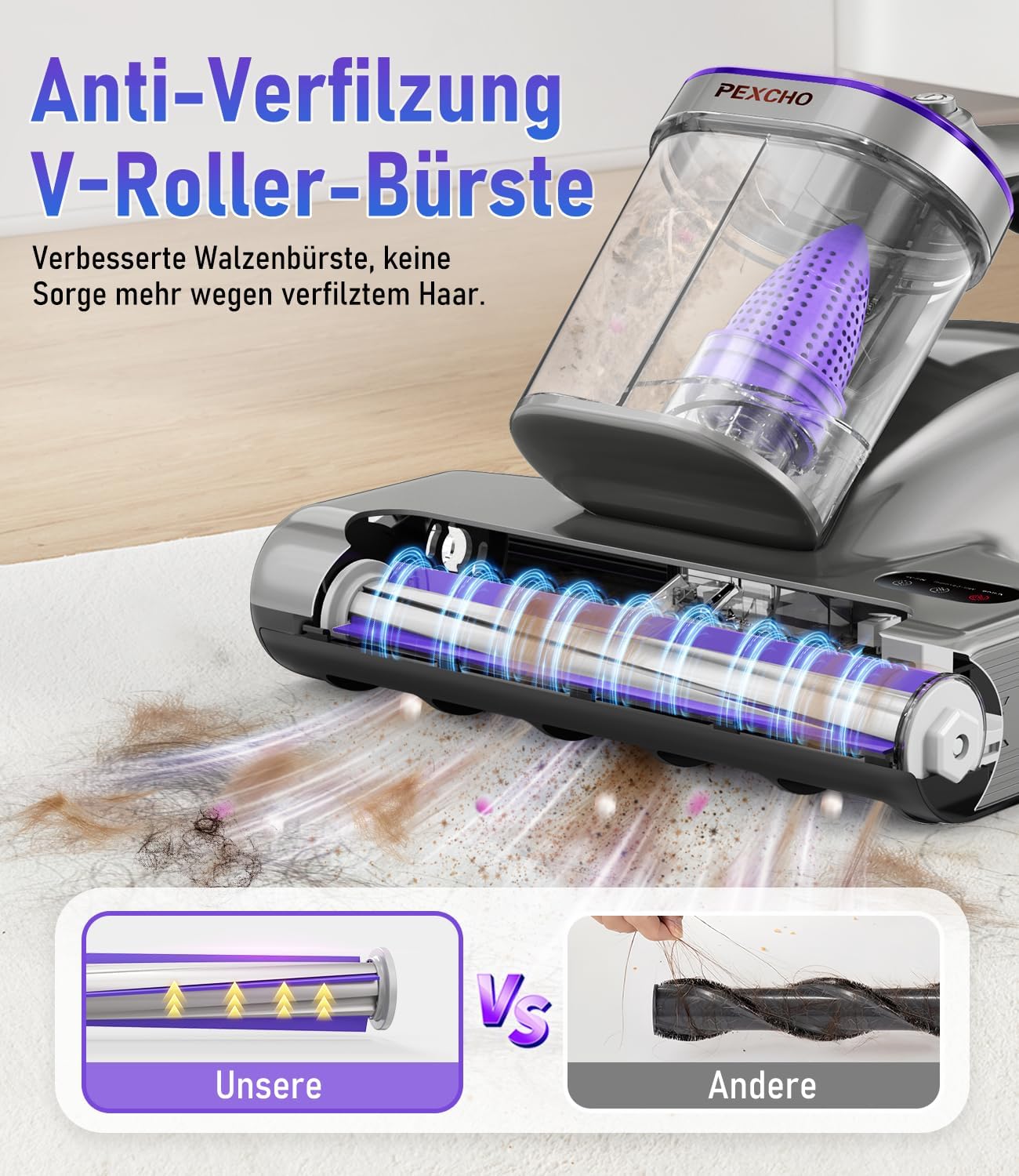 PEXCHO PM600 Milbenstaubsauger mit UV-Licht, 500 W Matratzenstaubsauger für Allergiker, Filter zur Entfernung von 99,9 % der Hausstaubmilben, Allergene, Tierhaare aus Matratzen, Teppichen und Sofas – Bild 7