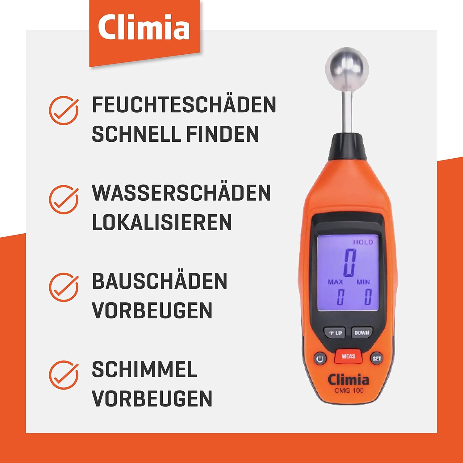 Climia CMG100 Feuchtigkeitsmessgerät für Wände, 5–40 mm Analysetiefe, Feuchtigkeitsmessgerät mit bis zu 50 Stunden Akkulaufzeit – einfach zu bedienen, beleuchtetes LED-Display – Bild 5