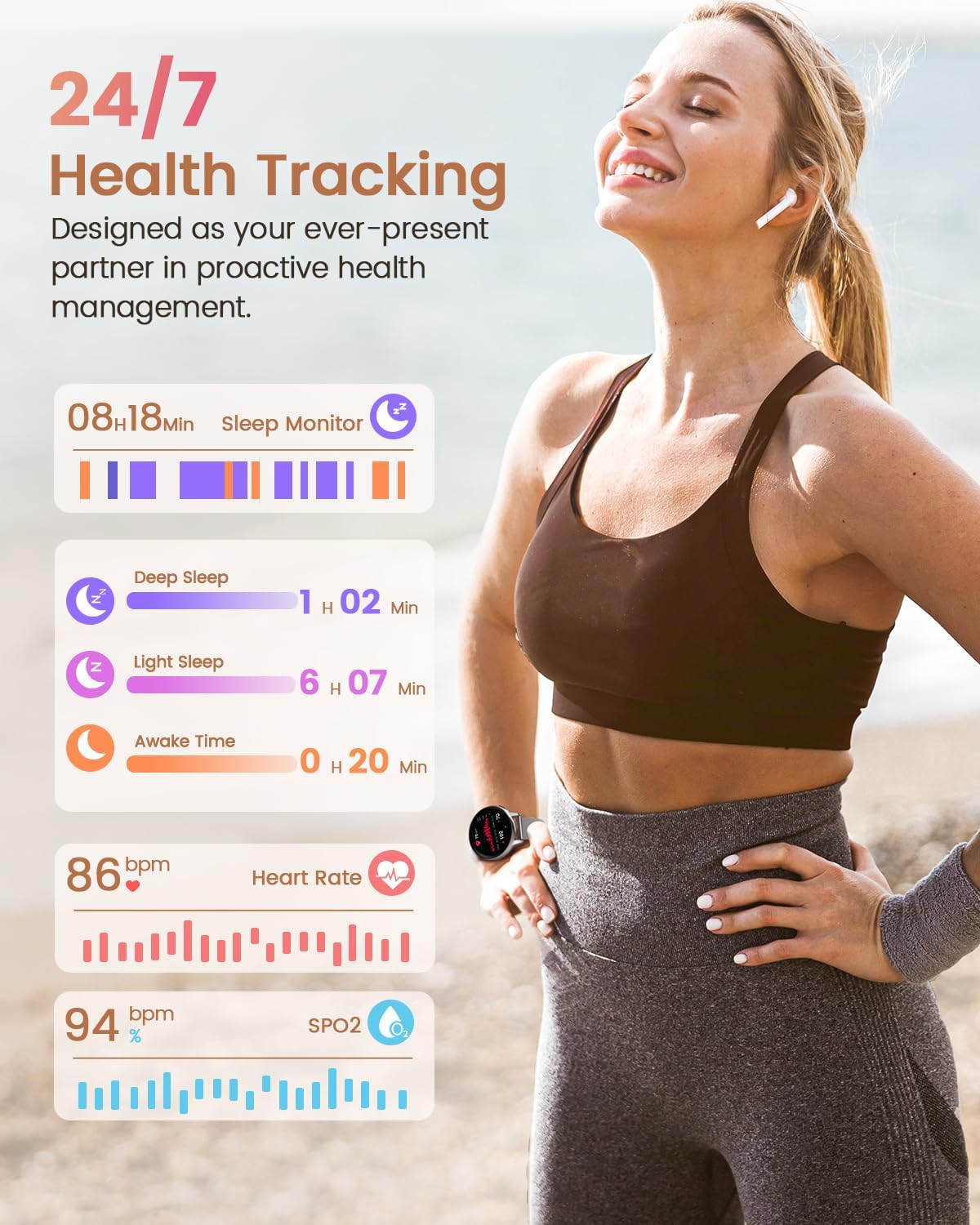 RUXINGX Damen Smartwatch, 1,27 Zoll Smartwatch rund mit Telefonfunktion, 24H SpO2 Herzfrequenzmesser, Fitnessuhr mit Schlafmonitor, 126 Sportmodi, Schrittzähler IP68 für iOS Android, Geschenkuhren für Damen, Silber – Bild 5