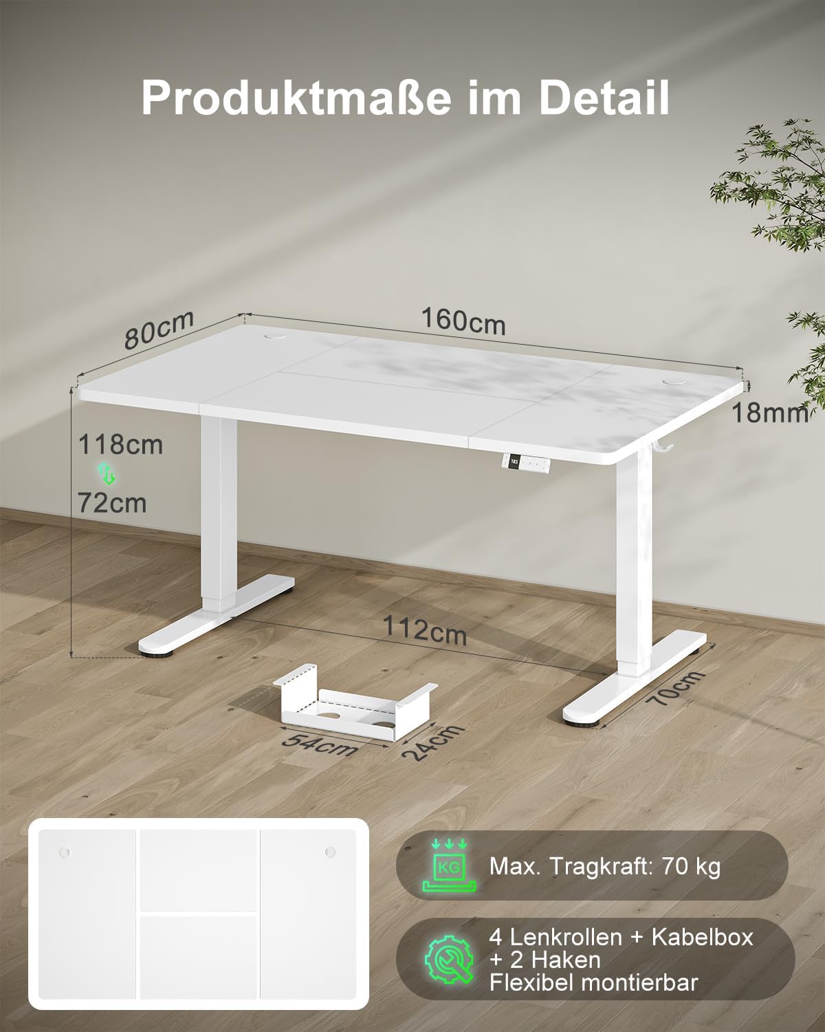 Devoko Höhenverstellbarer Schreibtisch 160 x 80 cm mit Typ-C-Ladeanschluss, mobiler elektrischer Computertisch mit Kabelmanagement-Ablage und 3-Funktions-Speicher, Weiß – Bild 2
