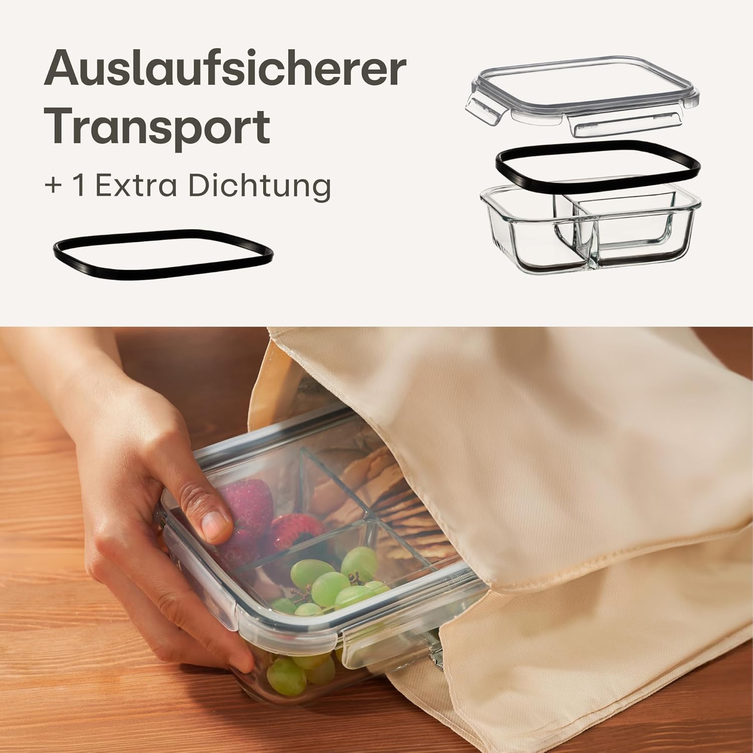 Praknu Meal-Prep-Boxen aus Glas mit 3 Fächern – Set mit 2 Meal-Prep-Behältern 1 l – luftdichter Glasbehälter mit Deckel – geeignet für Spülmaschine, Mikrowelle und Backofen – Meal-Prep-Boxen – Frischhaltedosen aus Glas – Bild 3