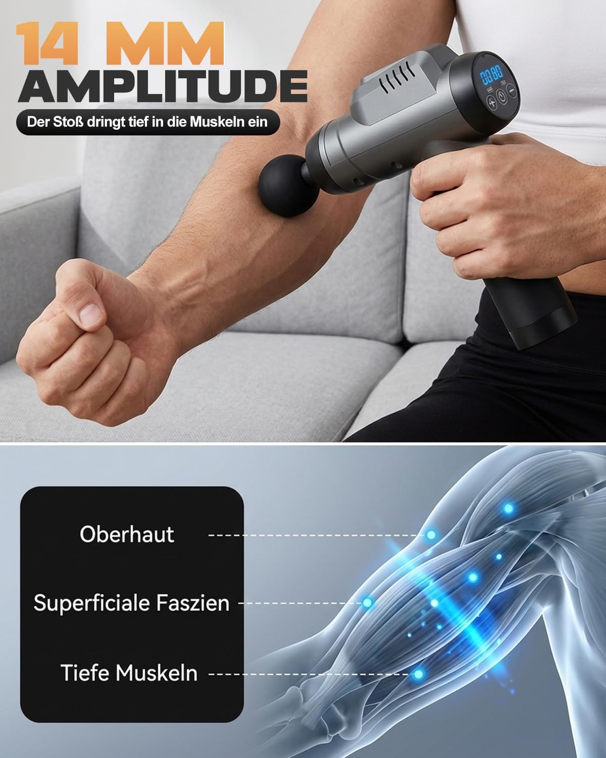 Massagepistole, Muskel-Percussion-Massagegerät mit 99 Geschwindigkeiten und 8 Massageköpfen, bis zu 9800 U/min, 14 mm Amplitude, LED-Touchscreen, 35 dB Massagepistole für Nacken und Rücken – Bild 6