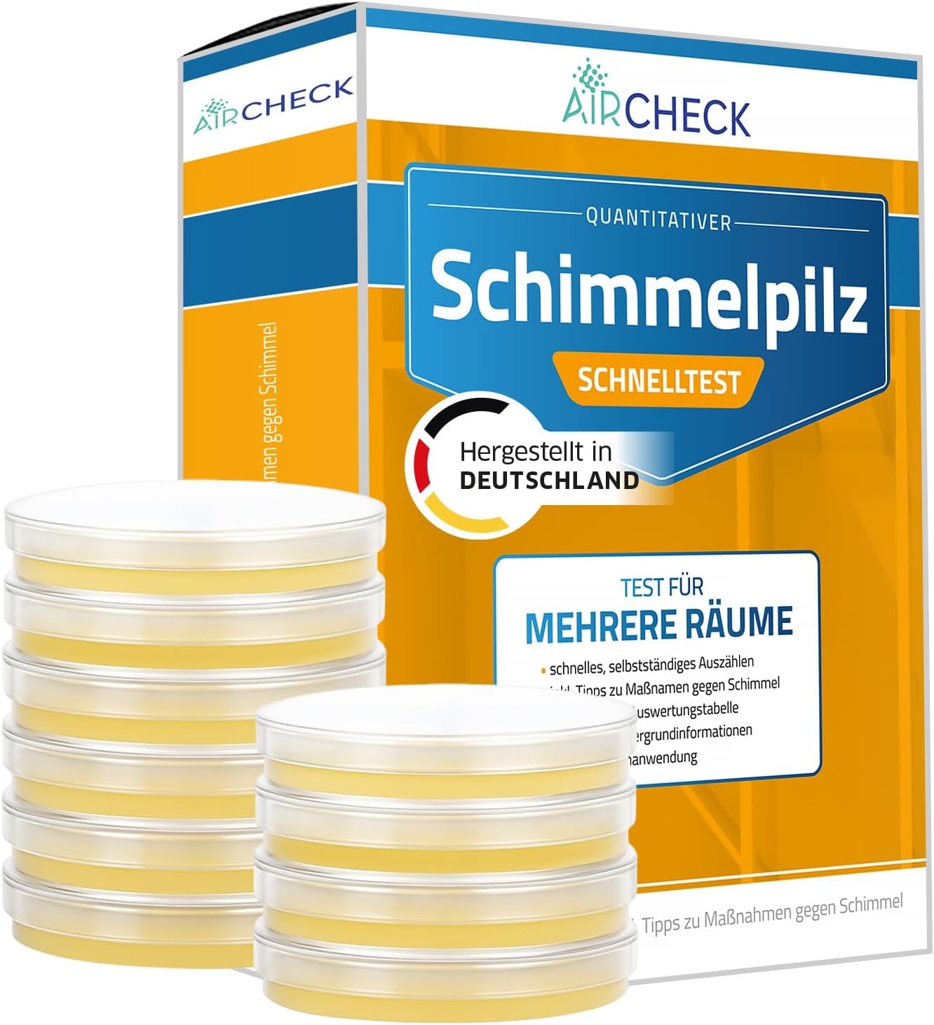 Schimmel-Schnelltest, 10 Nährmedien für mehrere Räume, Schimmeltest für zu Hause, hergestellt in Deutschland, inklusive Anleitung und Auswerteprotokoll