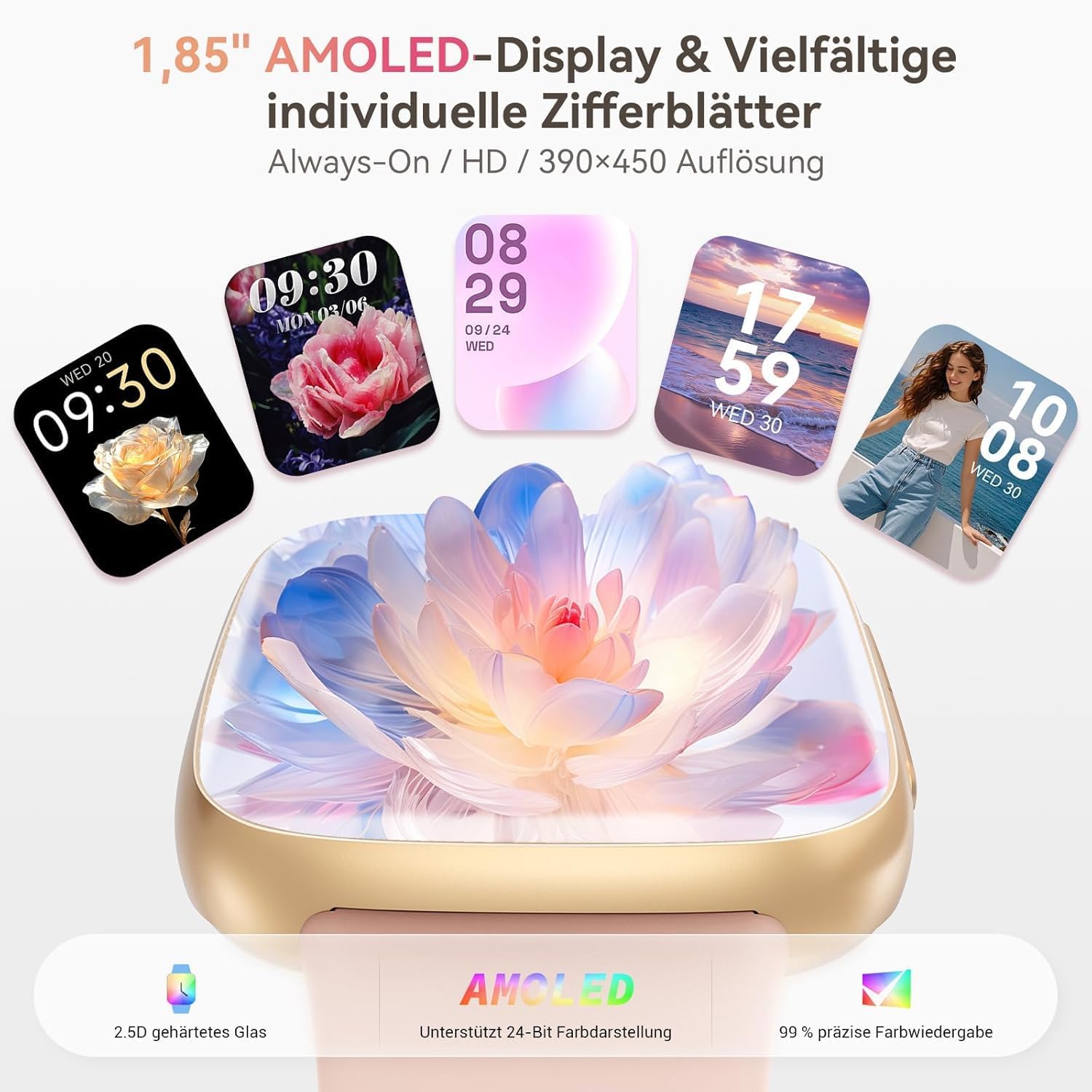 Smartwatch Damen Herren, 1,85 Zoll AMOLED-Touchscreen, Fitness-Tracker mit Bluetooth-Anrufen und KI, Herzfrequenz, SpO2, Schlaf- und Damenzyklus-Tracking, über 100 Sportmodi, 3ATM wasserdicht für iOS und Android – Bild 8