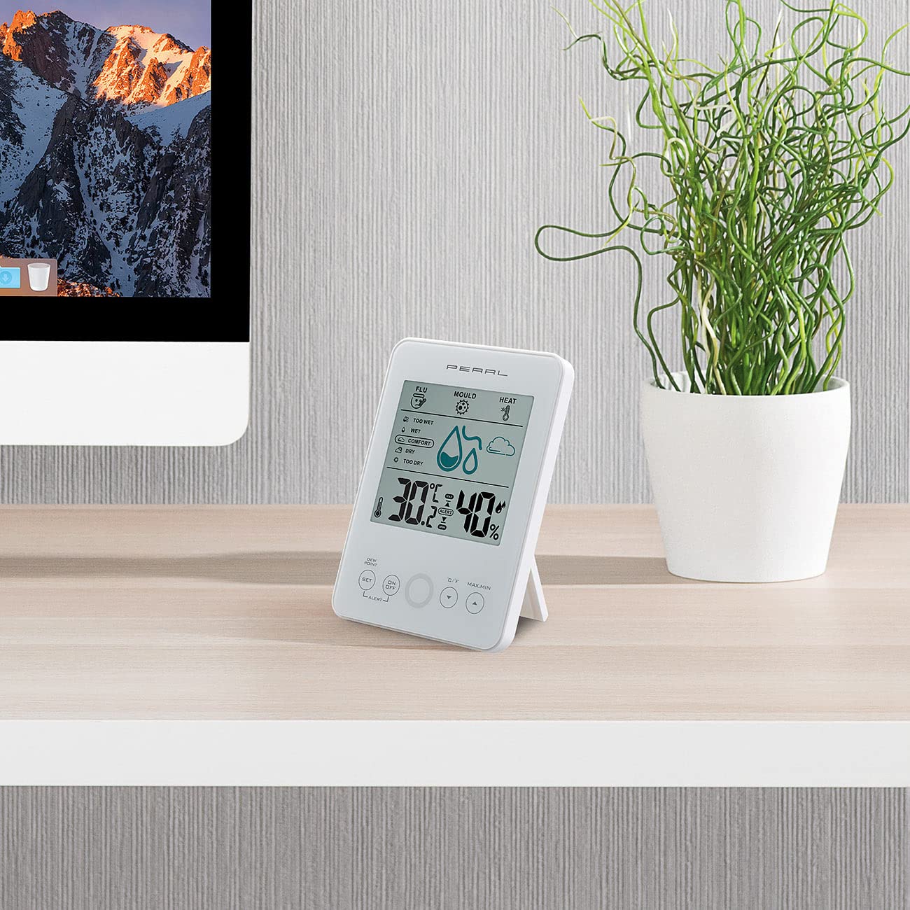 PEARL Digitales Hydrometer: Digitales Hygro-/Thermometer mit Schimmelalarm und Komfortanzeige, weiß (Hygrometer mit Schimmelalarm, Luftfeuchtigkeitsmesser, Auto) – Bild 6