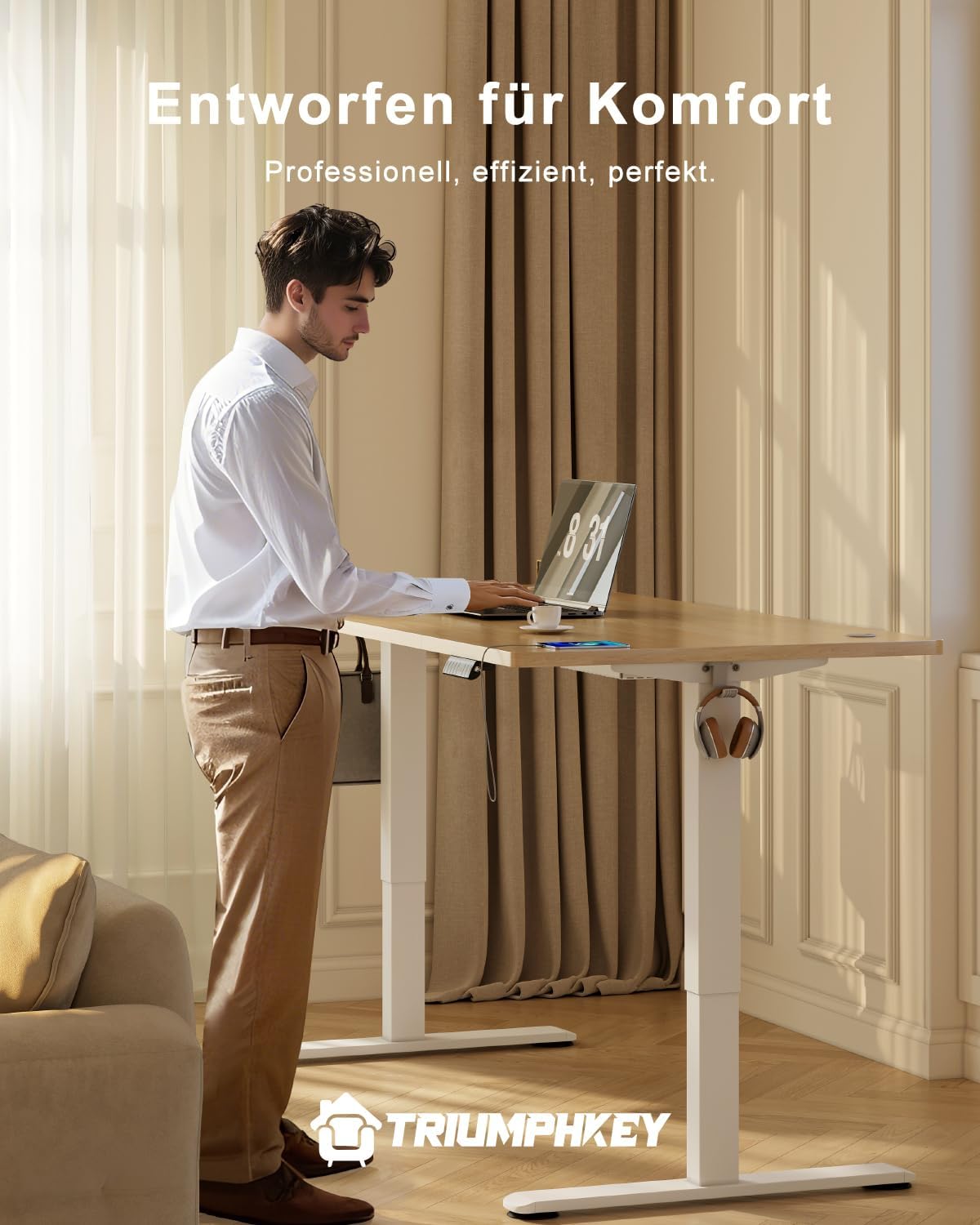 TRIUMPHKEY Höhenverstellbarer Schreibtisch, 160 x 80 cm, mit USB-Ladeanschluss, 3 Speichersteuerungen, höhenverstellbarer Schreibtisch mit Kabelbox, Computertisch, Stehpult, Beige – Bild 3