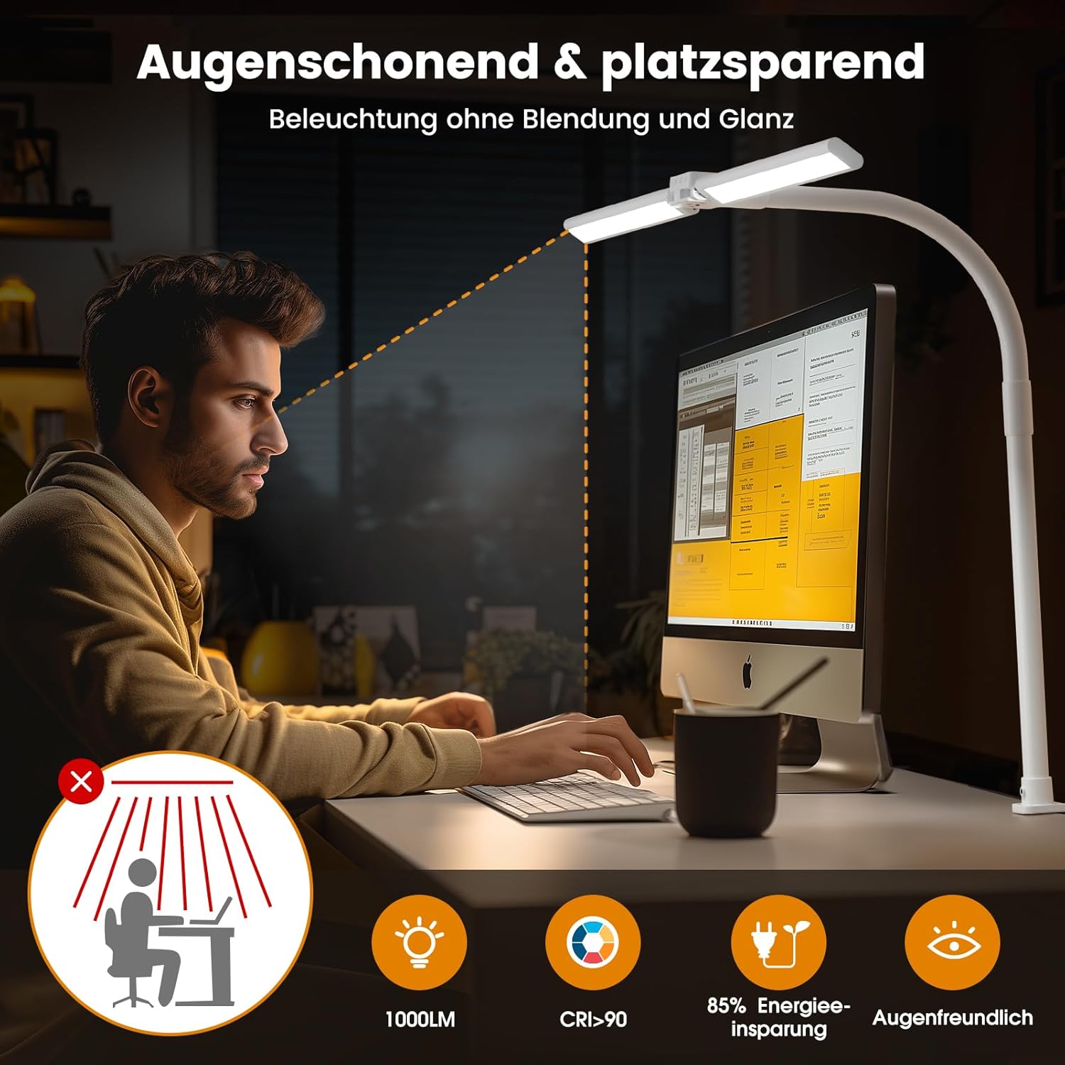 SIBRILLE Doppelkopf-Schreibtischlampe LED dimmbar, klemmbare Monitorlampe, Tageslichtlampe für Büro, Augenschutz-PC-Lampe, Tischlampe mit Schwanenhals weiß – Bild 6