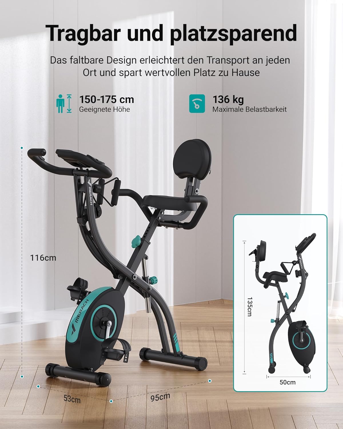 MERACH 4-in-1-Heimtrainer mit eigener Trainings-App, leises Heimtrainer-Fahrrad, 16-facher magnetischer Widerstand, LCD-Display, Handpulsmessung, faltbarer Heimtrainer, bequemer Sitz, Widerstandsband – Bild 7